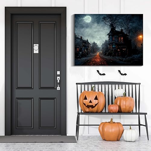 Miniatura 137 de Denozer Lienzo decorativo para pared de Halloween, castillo de terror de 32 x 24 pulgadas, decoración de pared de luna, decoración de otoño de Obra