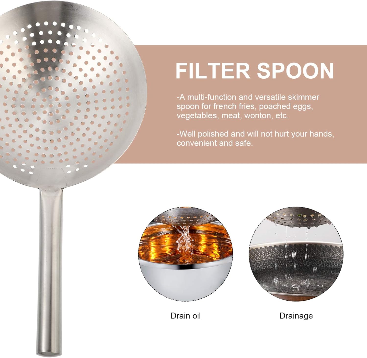 YARDWE Noodle Spoon Stainless Steel Skimmer Spoon Slotted Strainer Ladle Fine Mesh Wire Oil Filter Mandarin Colander Scoop for Kitchen Cooking (28CM) Spider Strainer