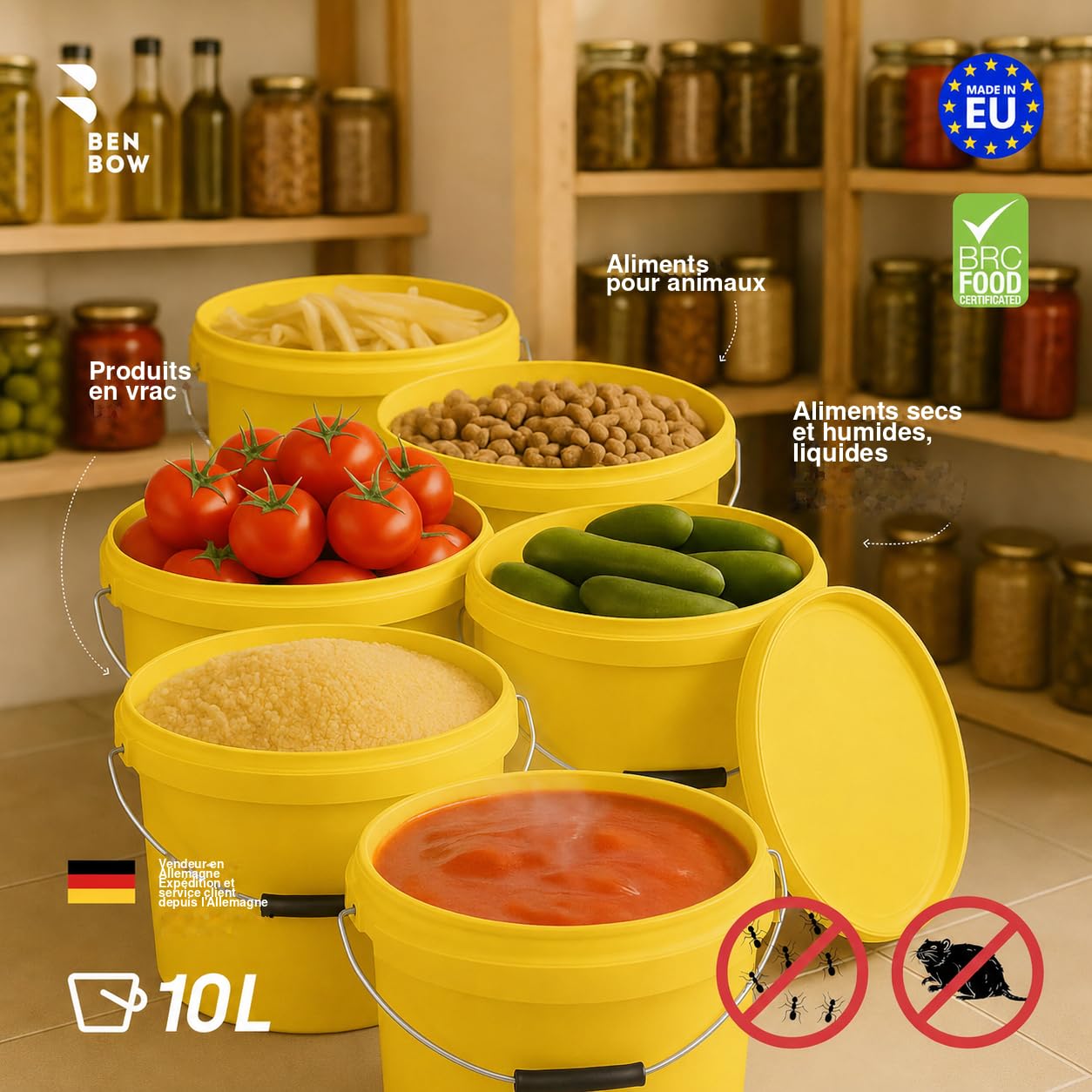 BenBow Seau avec Couvercle 10L Jaune 100x 10 Litre - apte au Contact Alimentaire, Stable, hermétique, étanche, sans Odeur - récipient de Stockage en Plastique, avec poignée - Vide