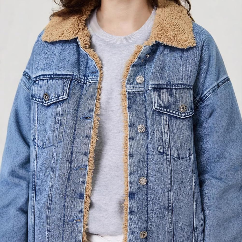 Damska kurtka Sherpa Trucker Kołnierz ze sztucznego futra Guzik w dół Luźny chłopak Jean Coat