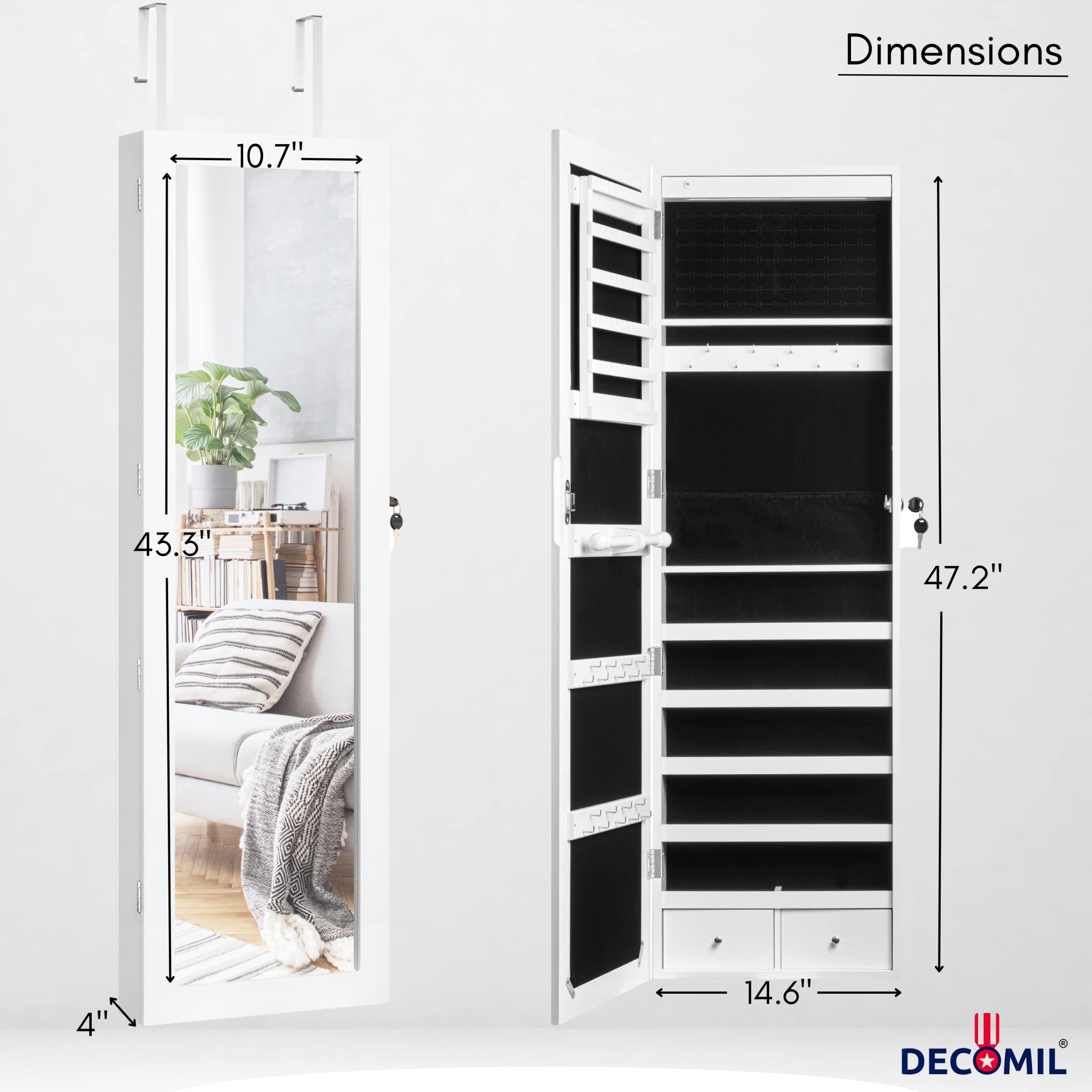 Armadietto Portagioie Bianco Con Specchio, LED E Serratura, 144,8 Cm Di Altezza, 27 Ganci E 2 Cassetti In Velluto