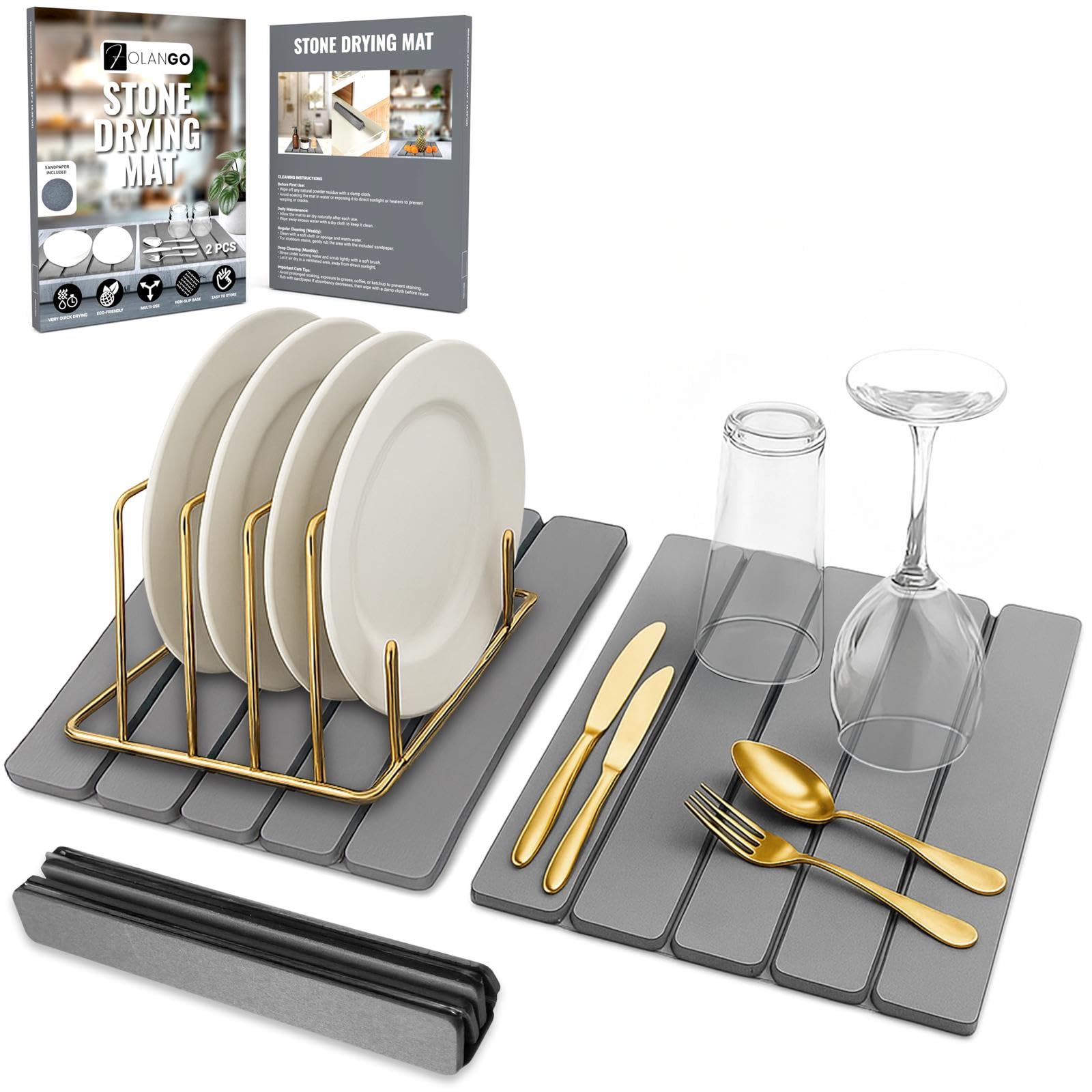 Large Foldable Stone Dish Drying Mat – Diatomaceous Earth, 2 Pack (12"x16" Each) or 24"x16" Combined – Fast Dry, Anti-Slip Pad, Sanding Tool &