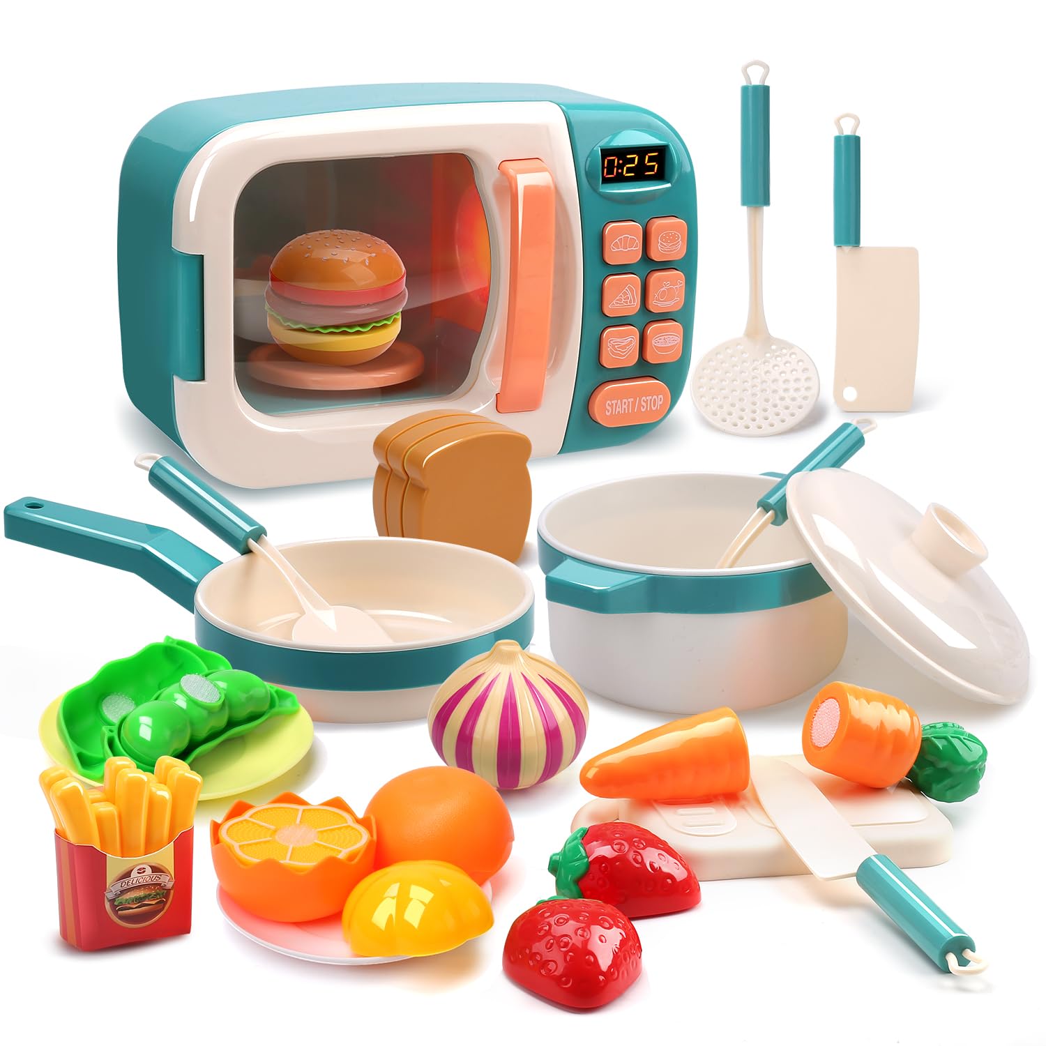 CUTE STONE Ensemble de Jouets Cuisine avec Micro-Ondes, Jeu d’Imitation pour Enfants, Four Électronique et Aliments de Jeu, Ustensiles de Cuisine, Jouets Éducatifs pour Filles et Garçons
