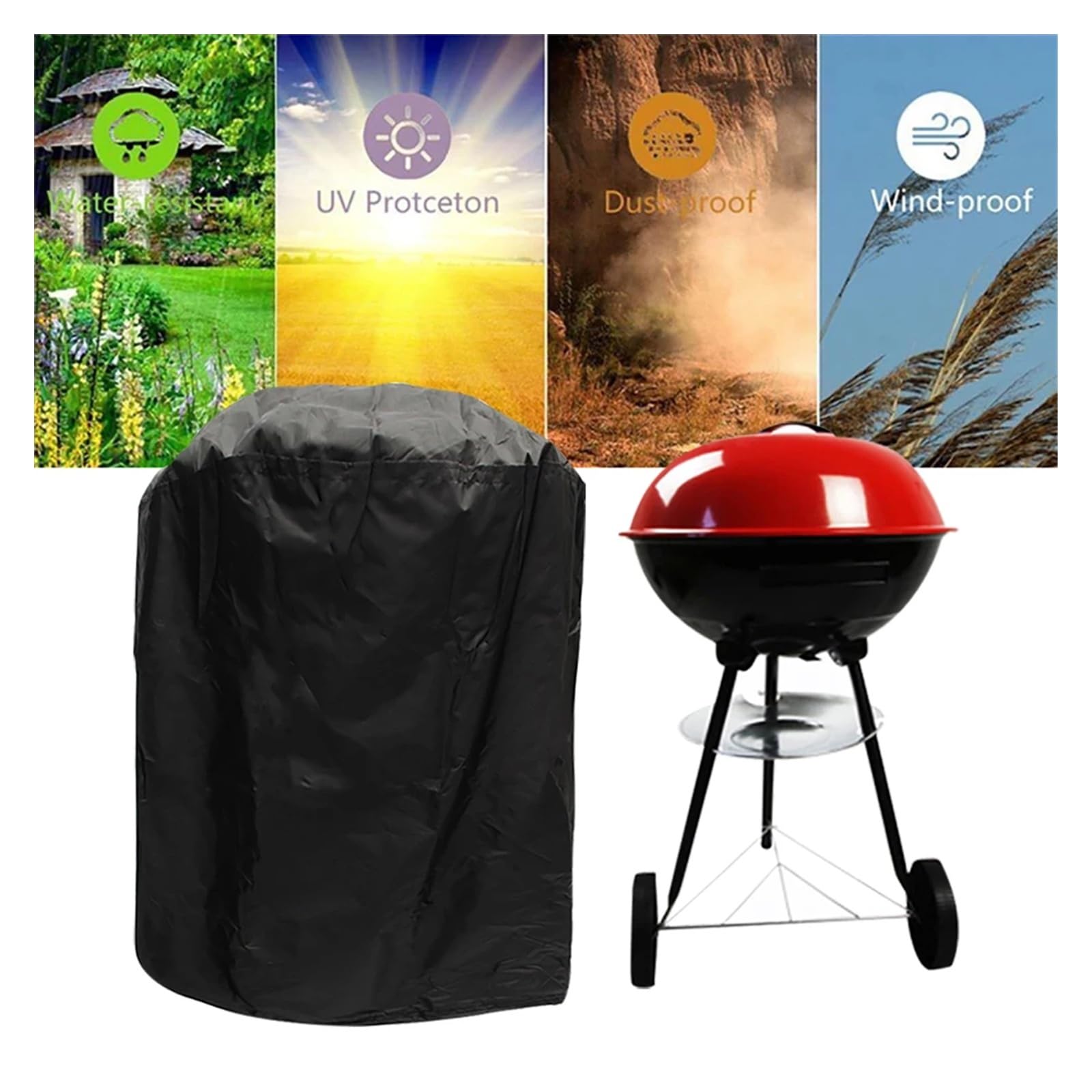 Copertura Impermeabile Nera for Barbecue, Accessori Rotondi, Copertura griglia, Antipolvere, Pioggia, Elettrico a Gas e Carbone