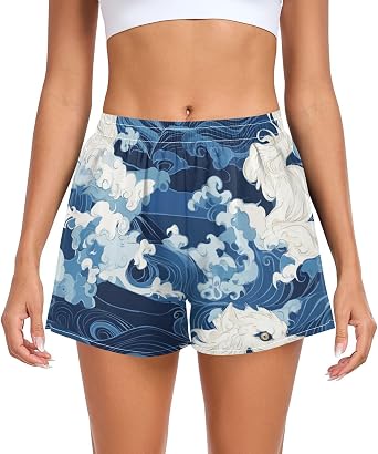 Japanese Monster Blue Waves Women Athletic Shorts Ouick Dry Lady Training Shorts for Biking Lounging Jogging Beach Shorts para Gym Mujer L