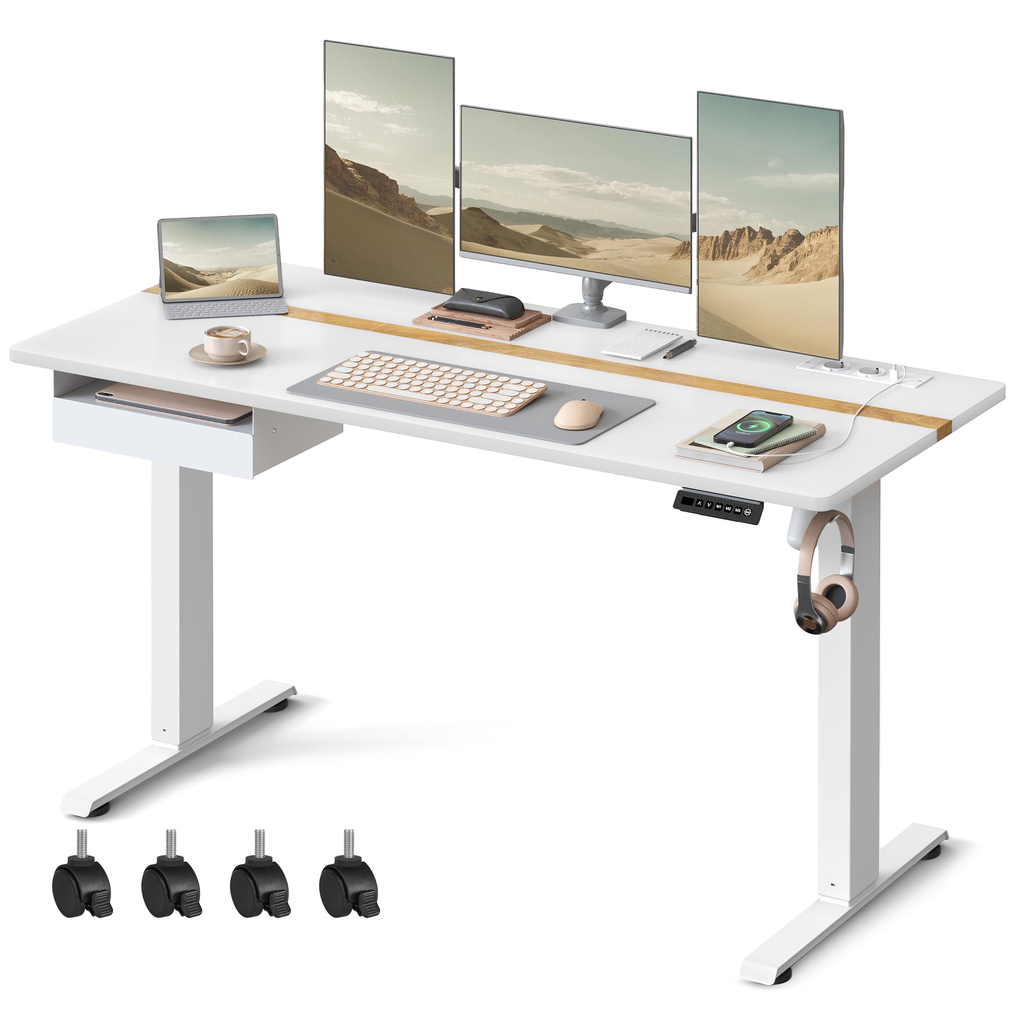 VASAGLE Höhenverstellbarer Schreibtisch elektrisch, 160 x 70 cm Tischoberfläche, Memory-Funktion mit 4 Höhen, mit Steckdosen und Stoffschublade, wolkenweiß-goldeichenfarben LSD116W01