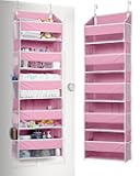 1 Pack Over Door Organizer with 5 Large Pockets 10 Mesh Side Pockets, 44 lbs Weight Capacity Hanging Storage Organizer with Clear Window Kids Toys, Shoes, Diapers, Pink