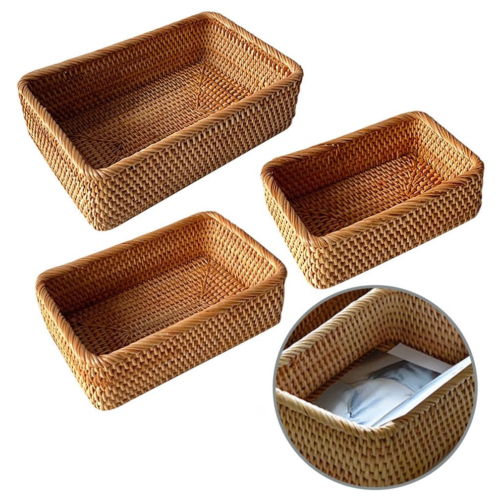 FUBESK Cesta de almacenamiento de ratán tejida a mano, placa cuadrada de frutas, organizador de escritorio, soporte de artículos diversos, decoración de cocina, oficina, amarillo, 20 x 13 x 8 cm