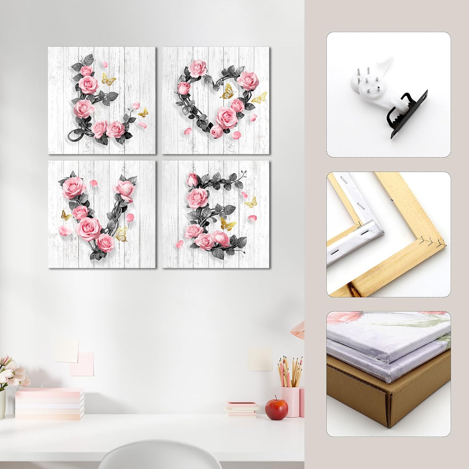 sechars Rose Wall Art with Gold Butterflies Paintings Print Set Love Heart Bathroom Decor Vintage Floral Pictures for Girl (Pink)
