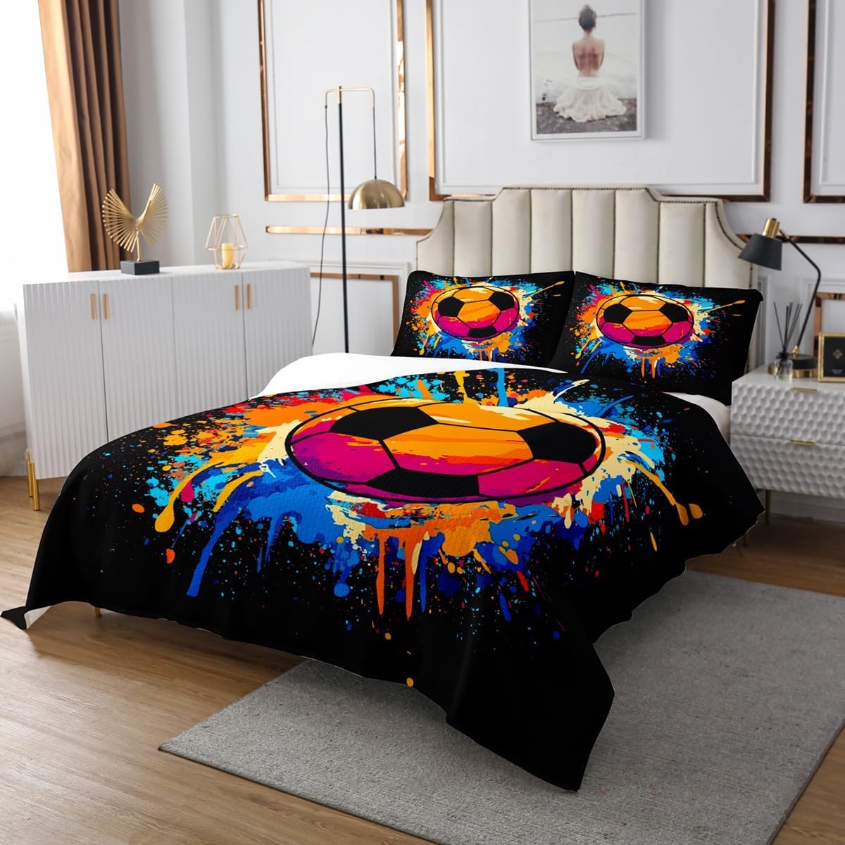 Erosebridal Cartoon Soccer King Bedspread Set, Sports Football Cozy Quilt Set for Kids Boys Girls, Cool Oil Painting Microfiber Coverlet Set & Bedspread for Bedroom, Gaming Ball Games Bedding Set