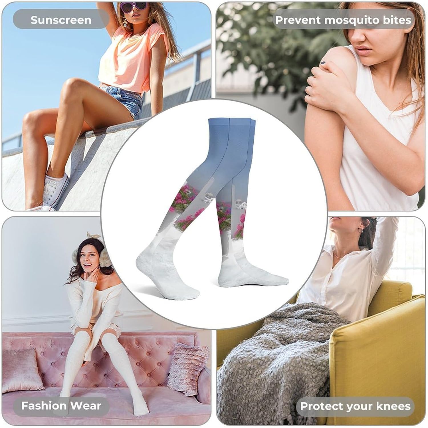 White Romantic Aegean Sea Knee High Stockings for Women 23.6" Breathable Thigh High Stockings Over The Knee Socks