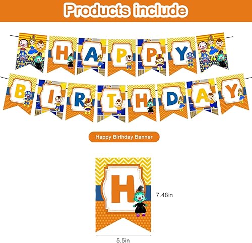 Miniatura 2 de PRISIA Decoraciones de fiesta de dibujos animados, suministros de fiesta de cumpleaños con pancarta de feliz cumpleaños, globos, adornos para