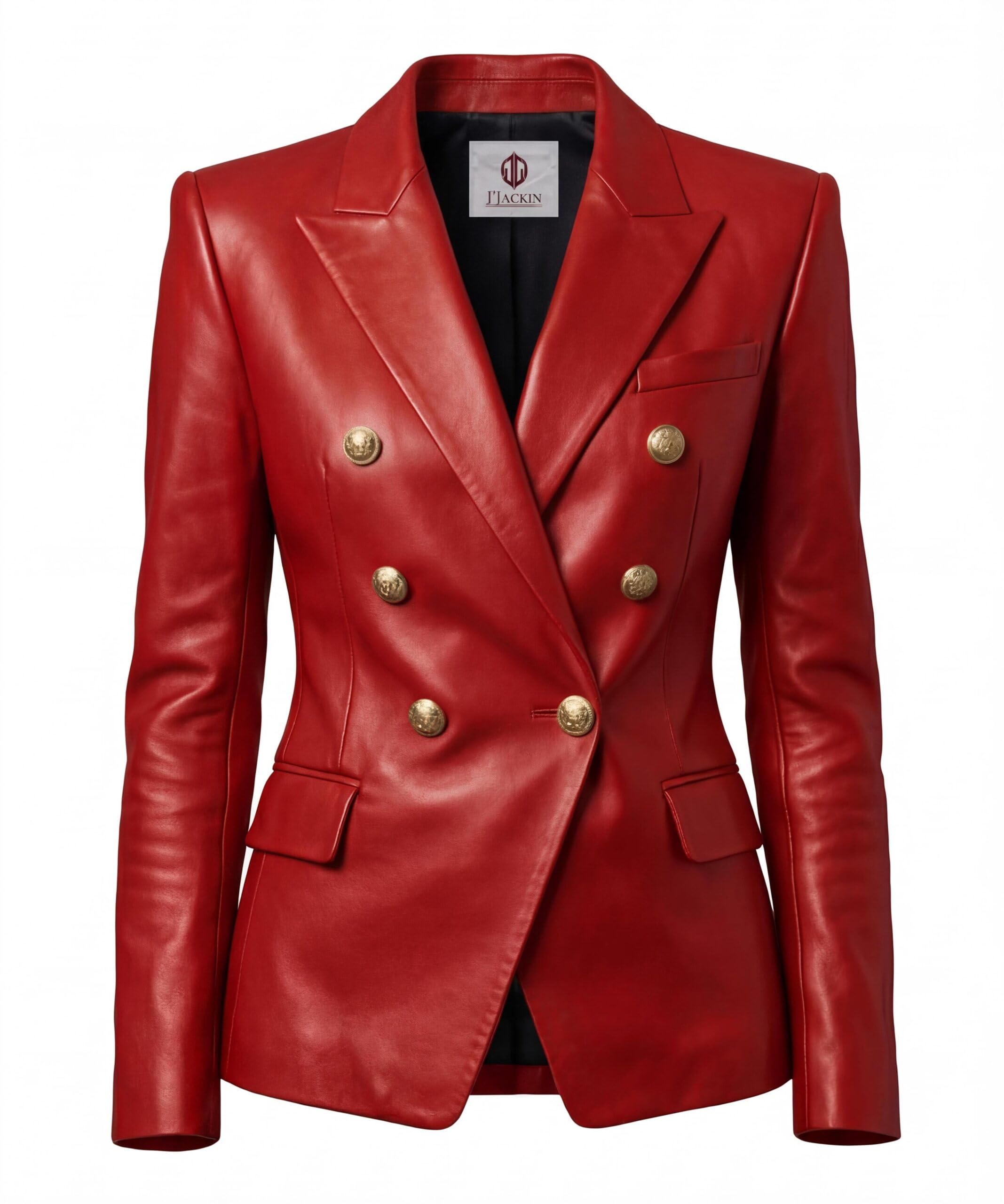 Women's Real Lambskin Leather Double-Breasted Blazer Gold Button Style Blazers Jacket for Women