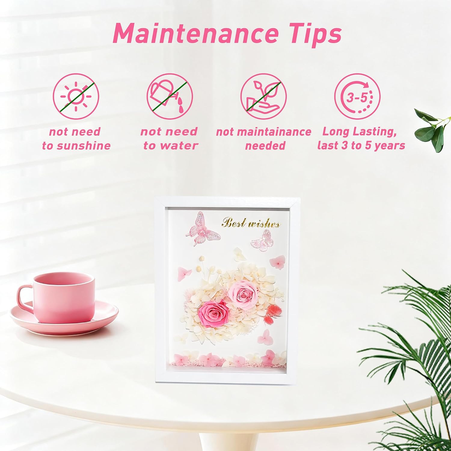 6.5”x8.5” Preserved Flowers Pink Rose & Hydrangea Flower Frame with Butterflies, White Wooden Shadow Box Eternal Floral Art - Wall Decor/Tabletop Ornament for Home, Mother's Day Valentine's Day Gift