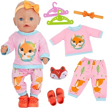 Pack of 7 Clothing Outfits for 14-18 Inch Baby Dolls 30-43 cm Baby Doll Clothes Outfits Accessories 1 Top 1 Apron Dress 1 Hat 1 Sock 1 Teddy Bear 2 Hangers Girls Easter Birthday