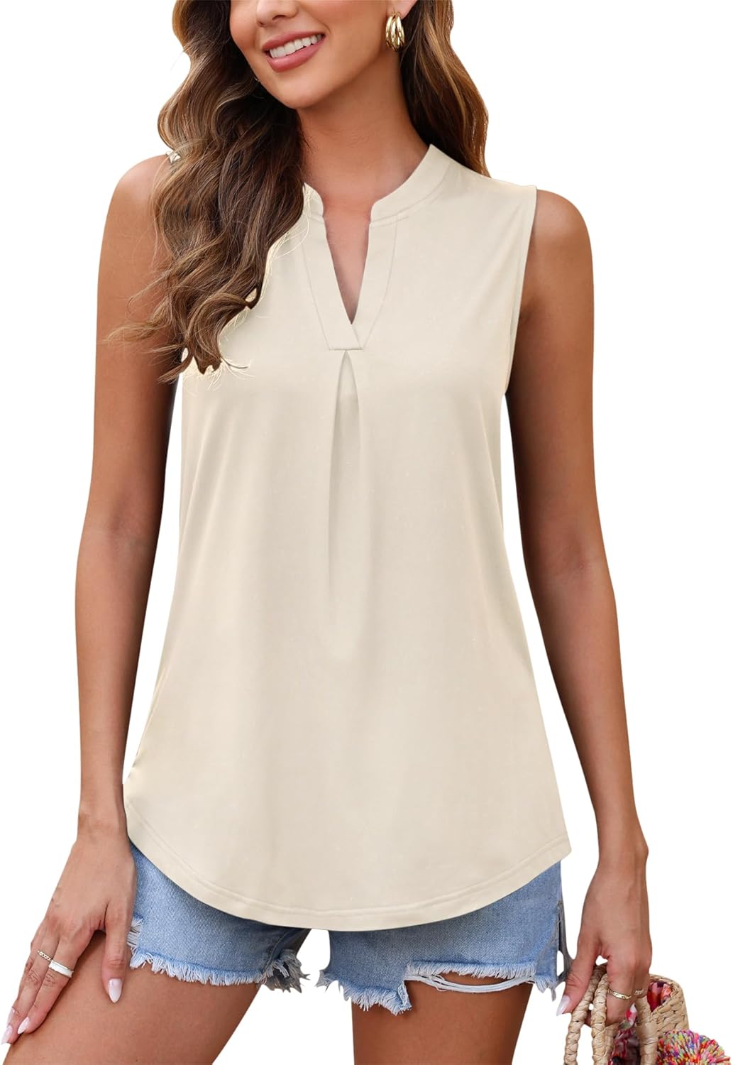 AUSELILY Womens 2026 Summer Tank Tops Causal Ladies V Neck Sleeveless Loose Pleated Shirts Blouse