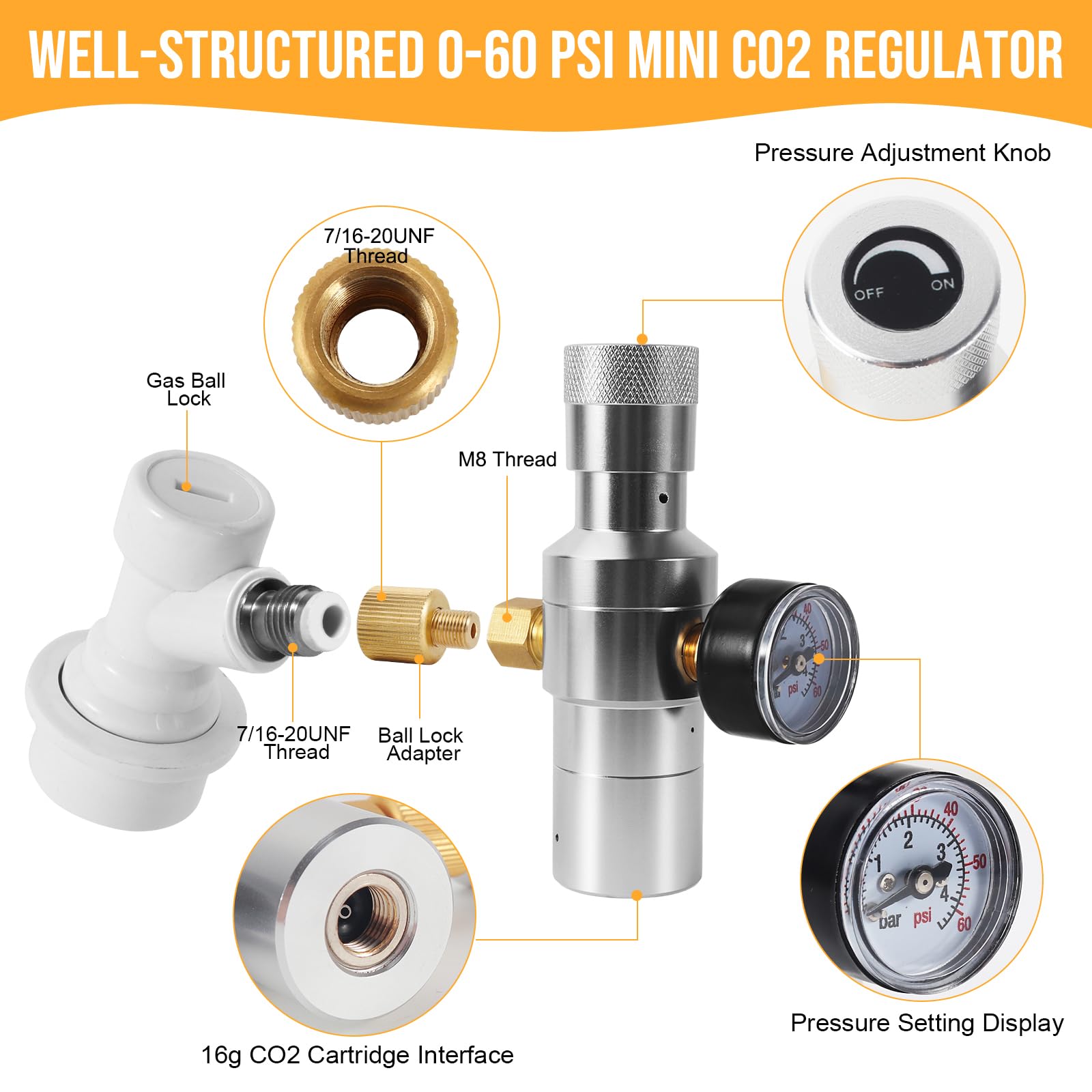 Dual Hold Stabiler Druck 0-60 PSI Mini Co2 Regler, tragbarer Mini-Fass-Ladegerät-Regler mit CO2-Gaskugel-Verriegelung, Trennung für Corny Keg Beer Growler Outdoor Picknick Party Kohlensäure