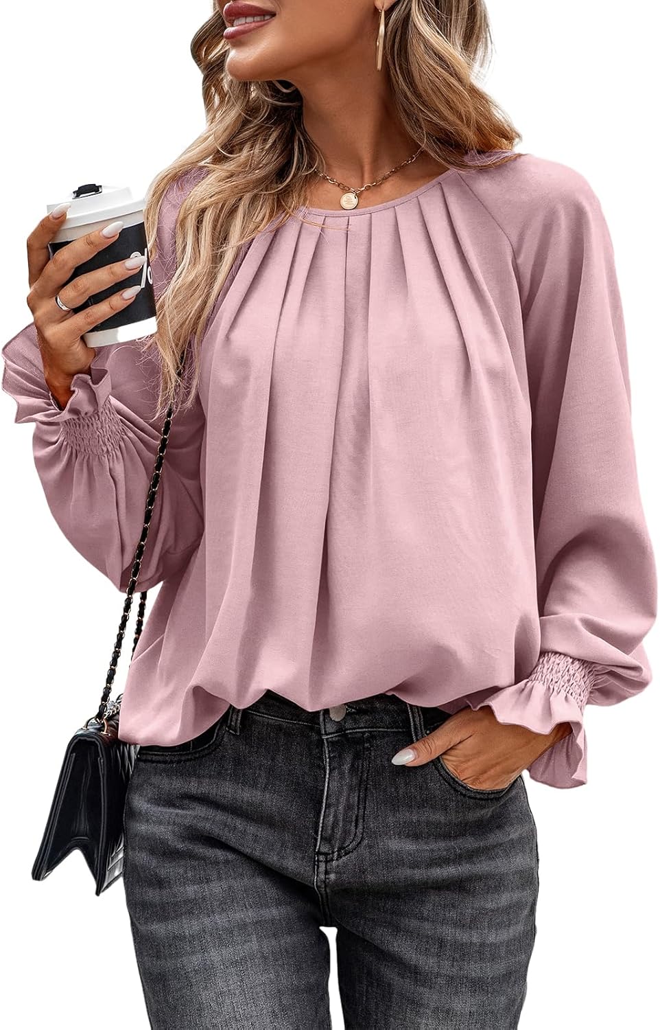 Theenkoln Womens Pleated Tunic Tops: Crew Neck Long Sleeve Solid Color Casual Trendy Work Business Blouses Tops