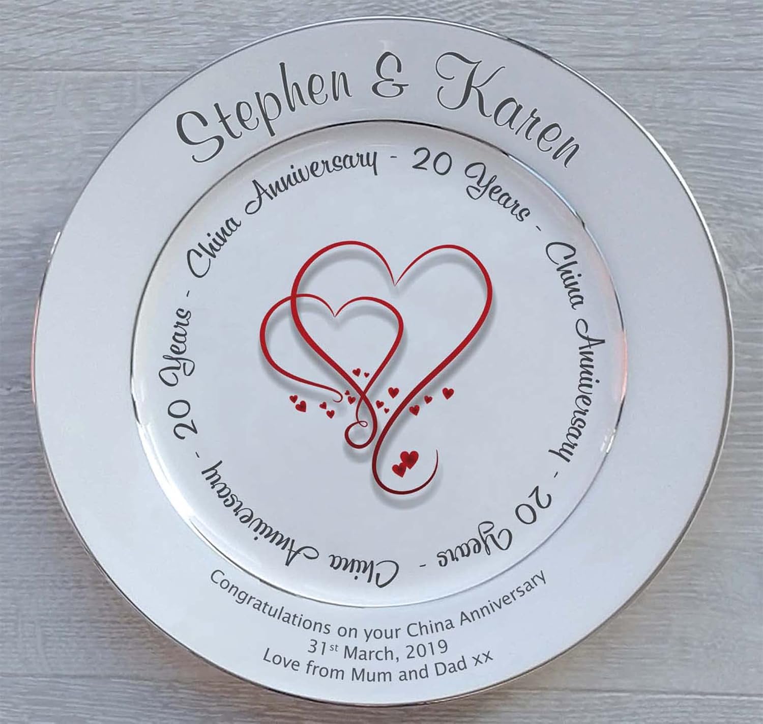 Personalized Bone China Commemorative Plate - 20th (China) Anniversary - Hearts Design
