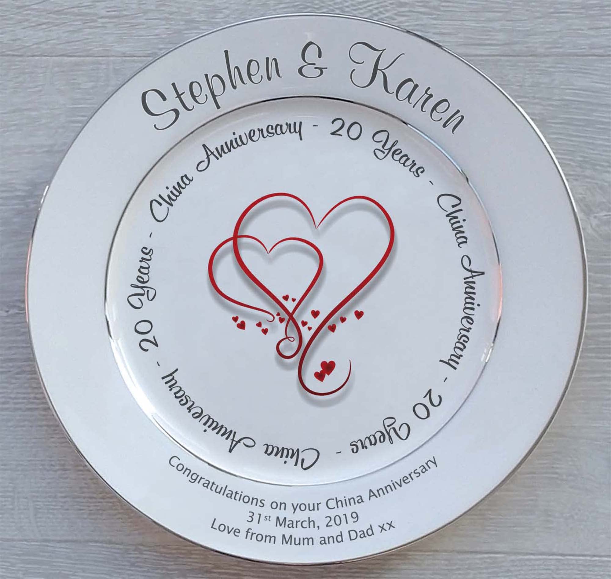 All About Names Personalised Bone China Plate - 20th Anniversary (China) - Hearts Design