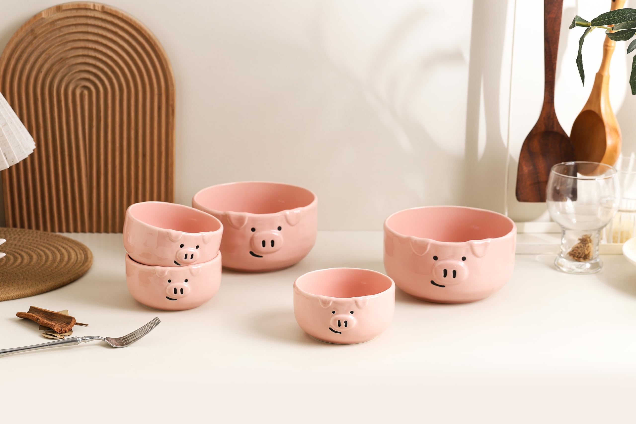 Set mit 3 niedlichen rosa Cartoon-Schweineschalen, 370 ml, kleine Keramikschalen zum Servieren von Snacks, Desserts, Müsli, Suppe
