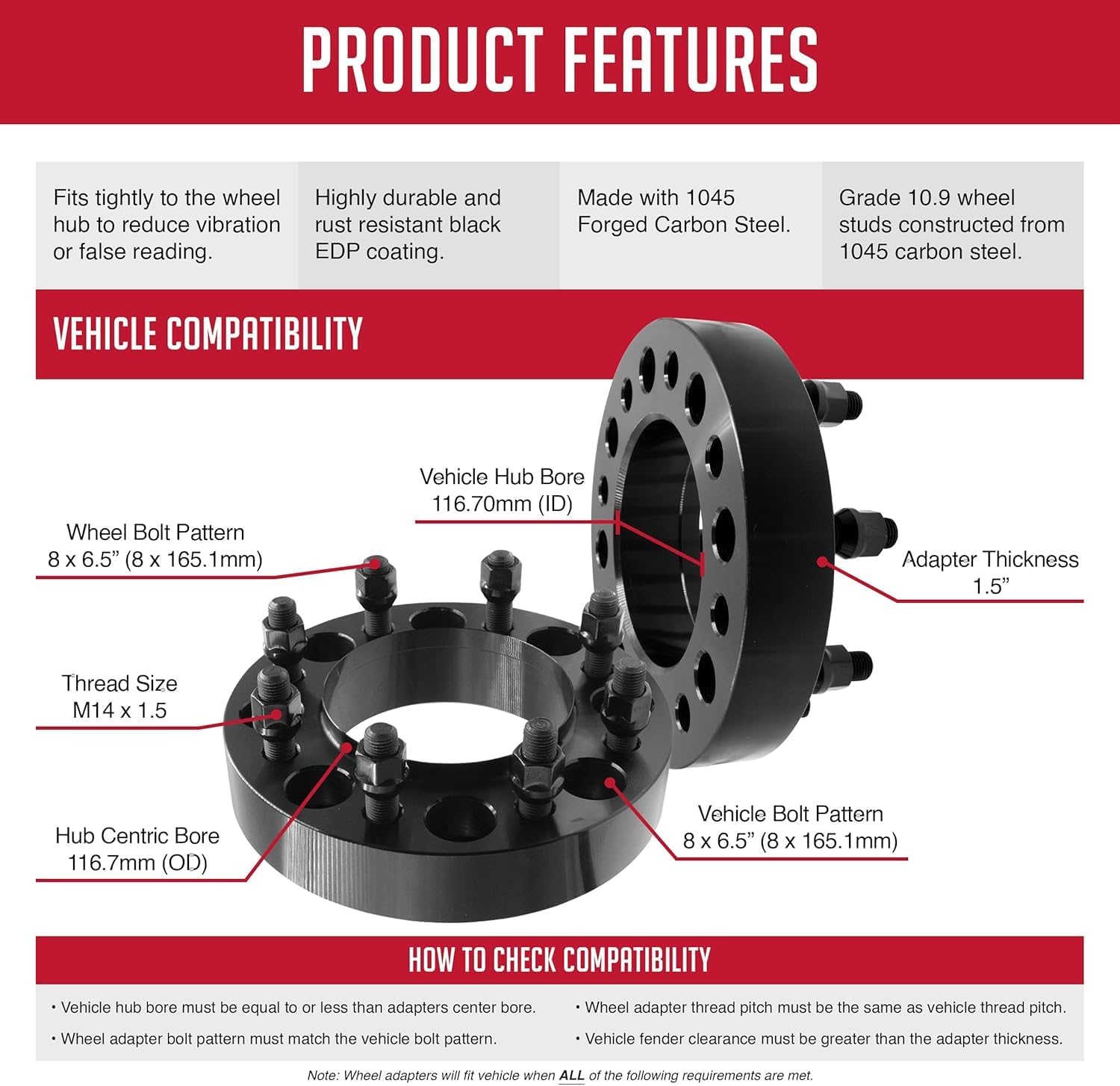 Wheel Accessories Parts 1 Pc Steel Hub Centric Wheel Spacers 8 on 6.50 1.5 Inch Thick 116.7mm Hub M14x1.5 14x1.5 Thread Stud Fits Chevy Silverado 2500 3500 GMC Sierra 2500 3500 SRW ｜DRW Front Only