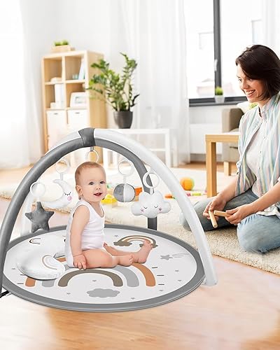 Miniatura 7 de dearlomum Tapete de gimnasio para bebé, tapete para el tiempo boca abajo con 6 juguetes desmontables para habilidades sensoriales y motoras basadas