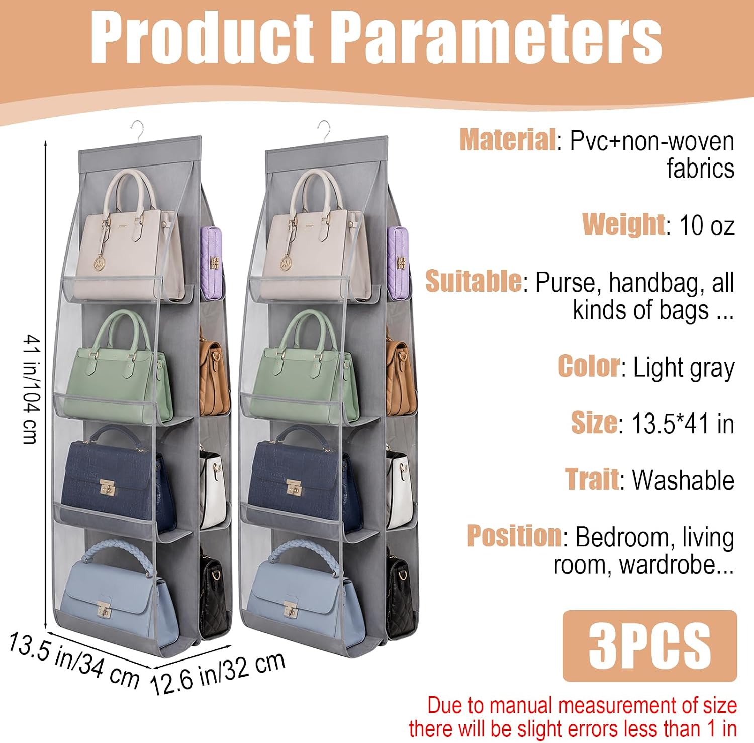 3 Pack Hanging Handbag Organizer for Closet, Purse Organizer For Closet, Handbag Storage Holder with 8 Clear PVC Pockets, Sturdy Hook for Wardrobe Door and Wall, Space Saving Gray