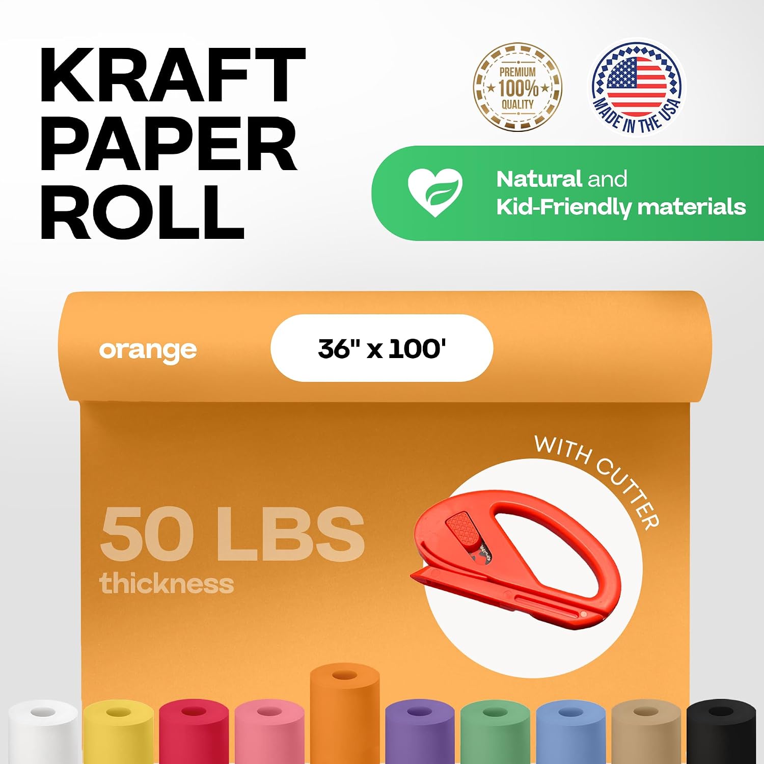 Orange Kraft Paper Roll 36" x 1200" (100 feet) with Cutter - USA-Made Gift Wrapping Paper for Packing, Moving, Shipping & Crafts/Arts - 100% Recyclable Natural Craft Material by IDL Packaging