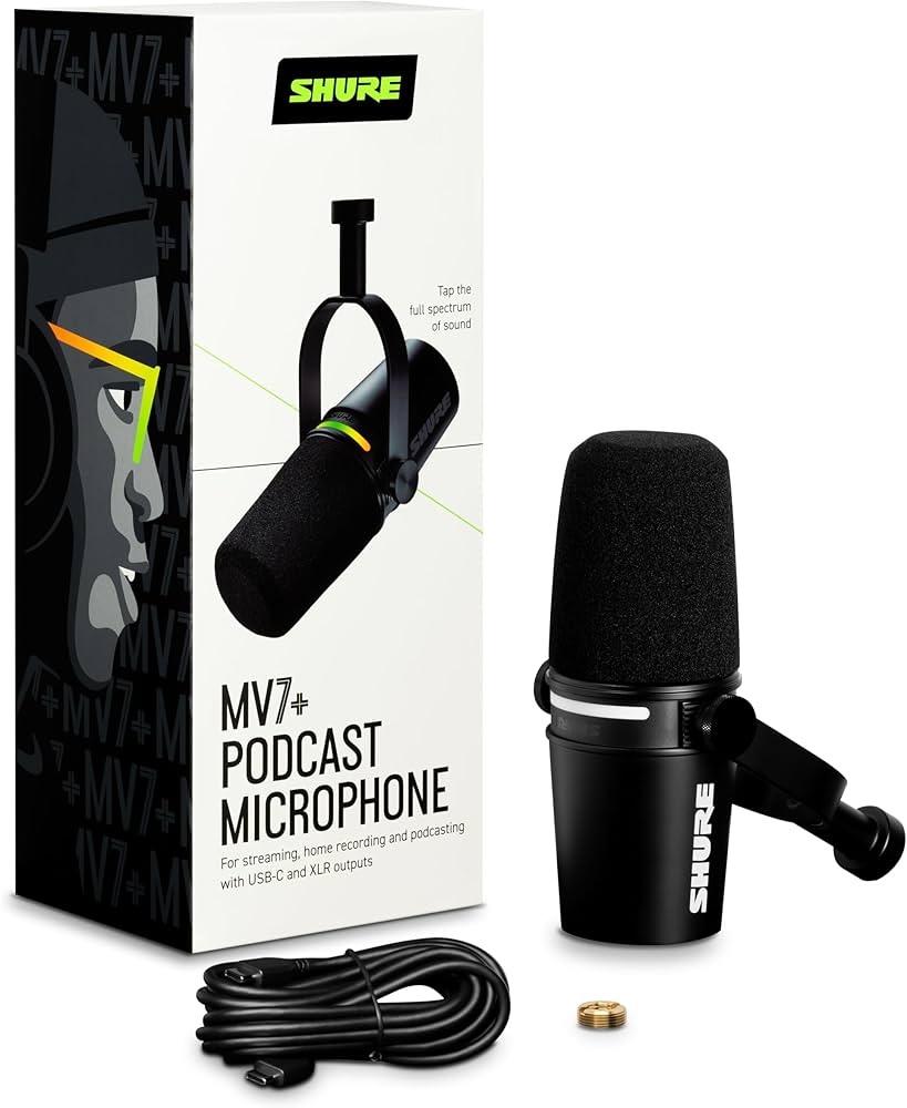 Shure Microfone dinâmico MV7+ Podcast. Certificado OBS, áudio