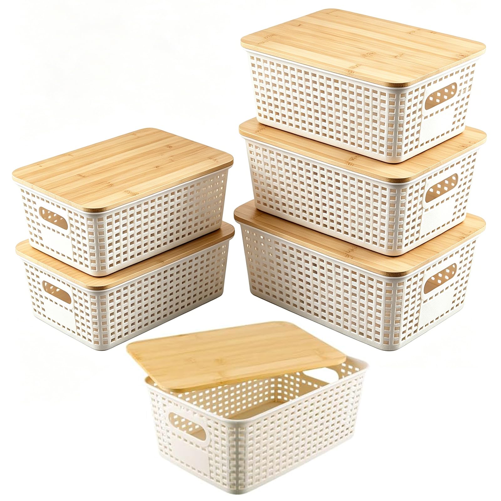 Set di 6 Scatole Portaoggetti in Plastica con Coperchio in Bambù, Contenitori Impilabili Salvaspazio per Armadio, Bagno, Cucina e Ufficio, 25 x 18 x 10 cm, Bianco