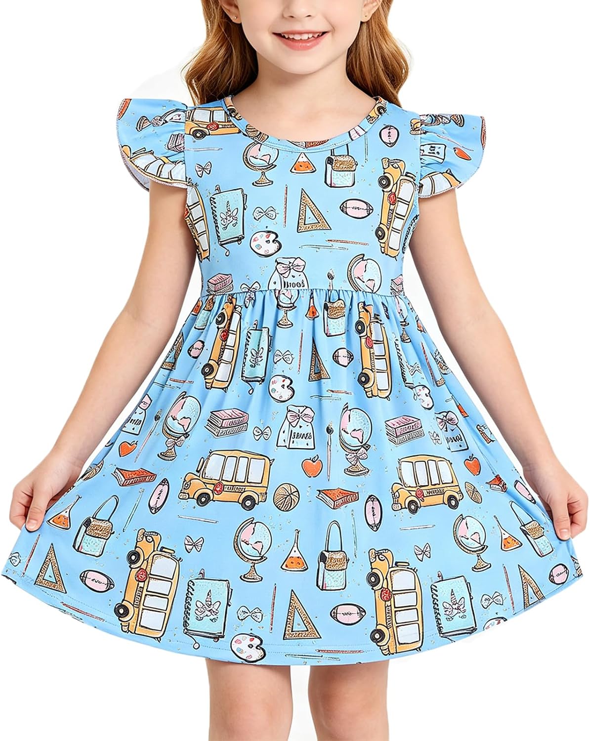 Toddler Little Girls Back to School Dresses -Apple, Pencils, Bookworm, School Bus，Glue,Tellurion,Blackboard Rainbow Dresses