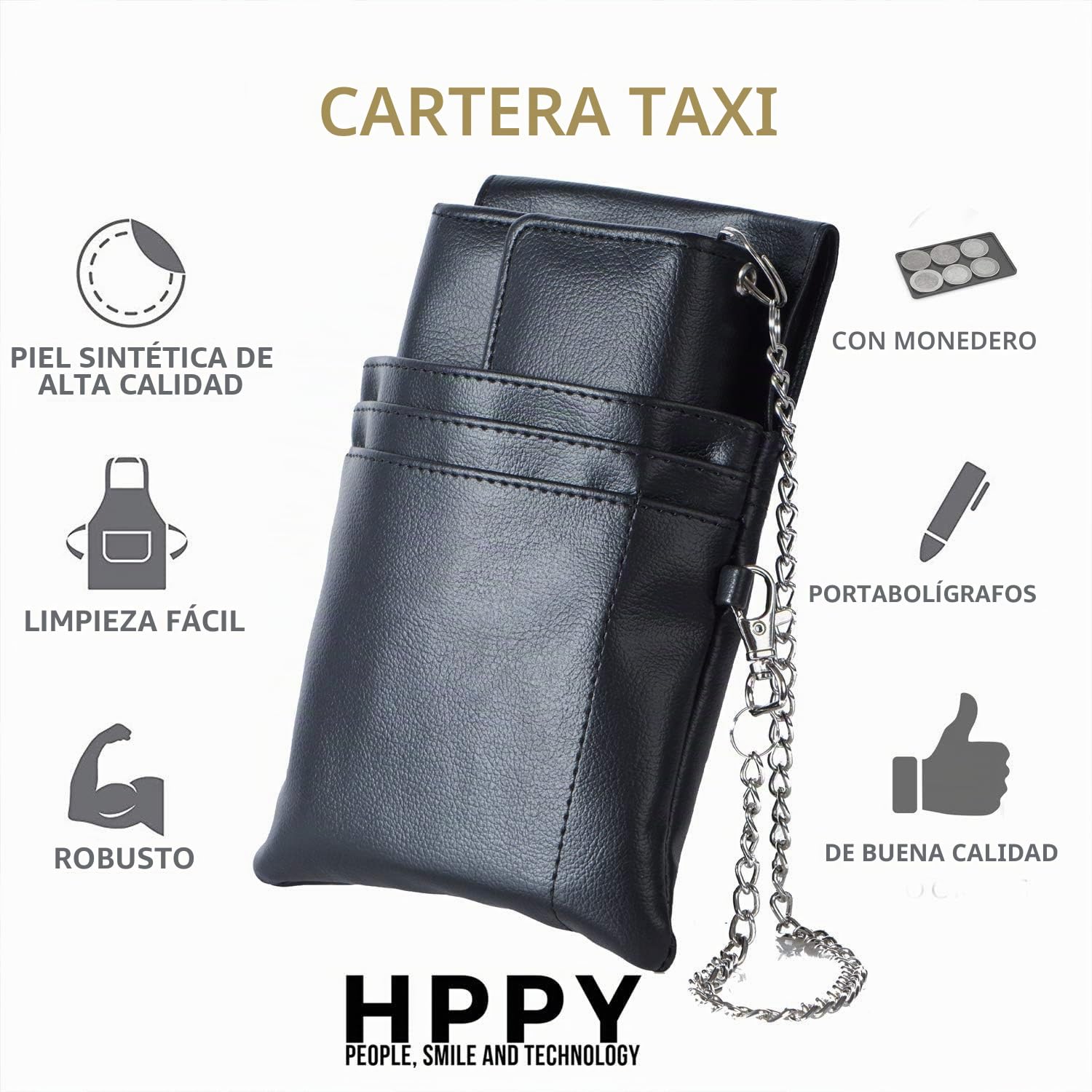 HPPY Aktion Sparset 3X Kellnerportemonnaie - Robusta cartera de camarero con funda, cadena y probador de dinero, bolsa de camarero para gastronomía y taxi, color negro