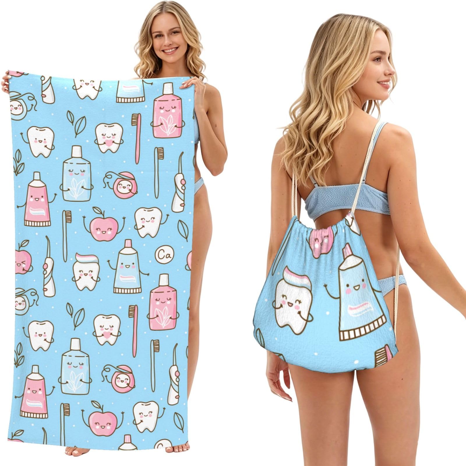 Poadnly Dentist Teeth Tooth Brushes, 2 in 1 Packable Towel Bag, Beach Towels with Drawstring Backpack for Travel Holiday Camping