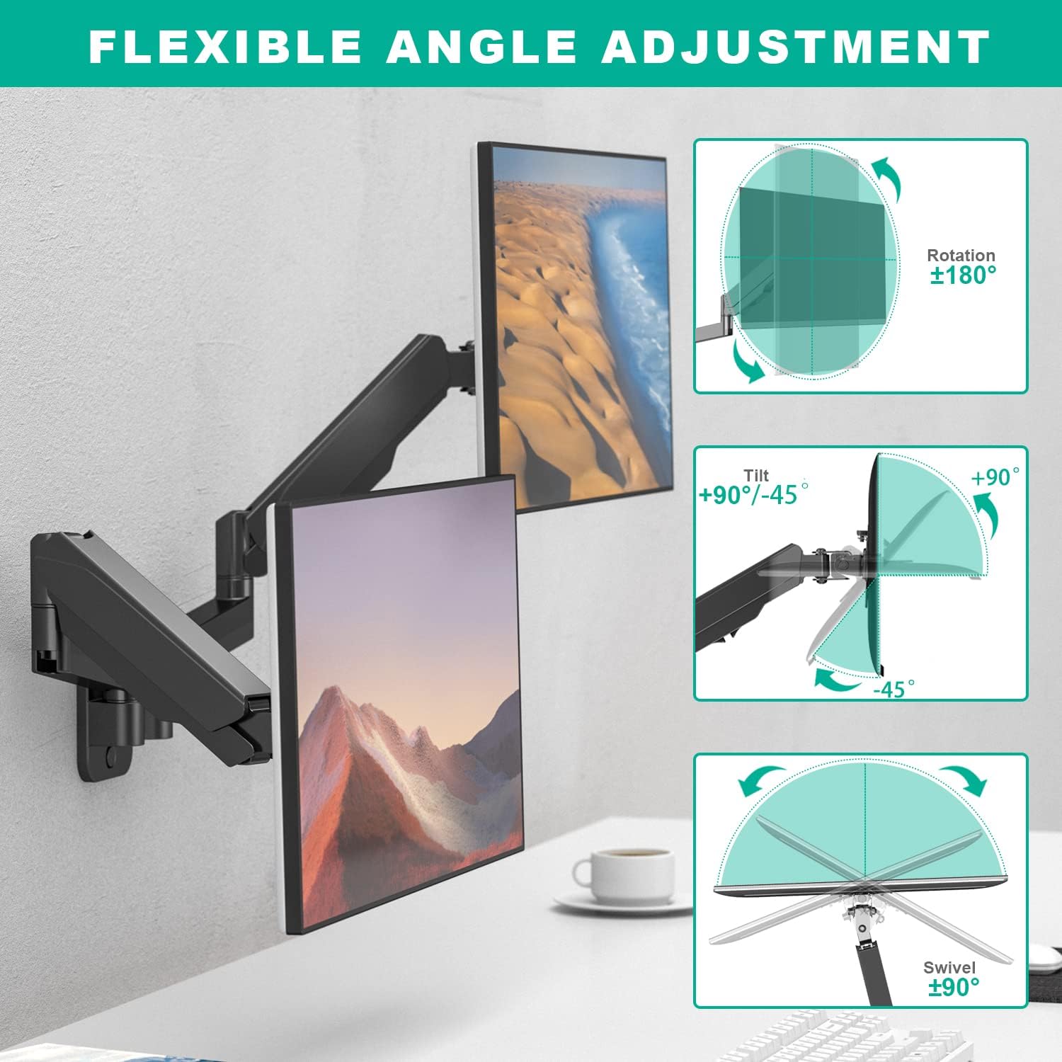 Dual Monitor Wall Mount, Double Monitor Wall Stand for Two 17-32 inch Flat Computer Screens, Height Adjustable Gas Spring Mounted Bracket Arms Hold up to 17.6lbs, VESA 75/100