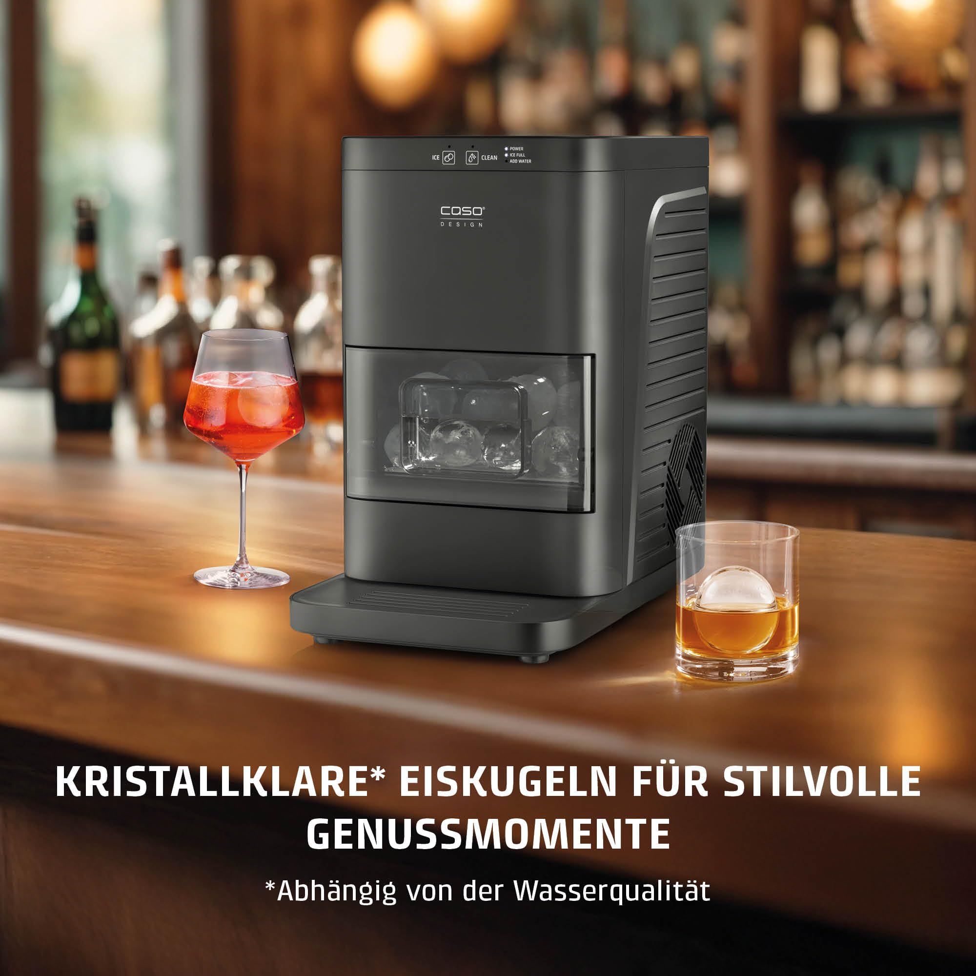 CASO IceBall Pro Eiskugelbereiter mit Kompressor – Kristallklare Eiskugeln 50–55 mm, 2 Kugeln/Stunde, 1,3 l Wassertank, Selbstreinigung, LED-Anzeige, mattschwarz