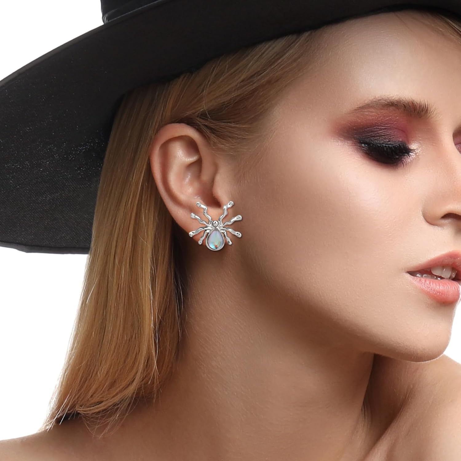Big Silver Spider Stud Earrings with Teardrop Shaped Moonstone Studs Gothic Gemstone Earrings for Moonstone Jewelry - Image 2