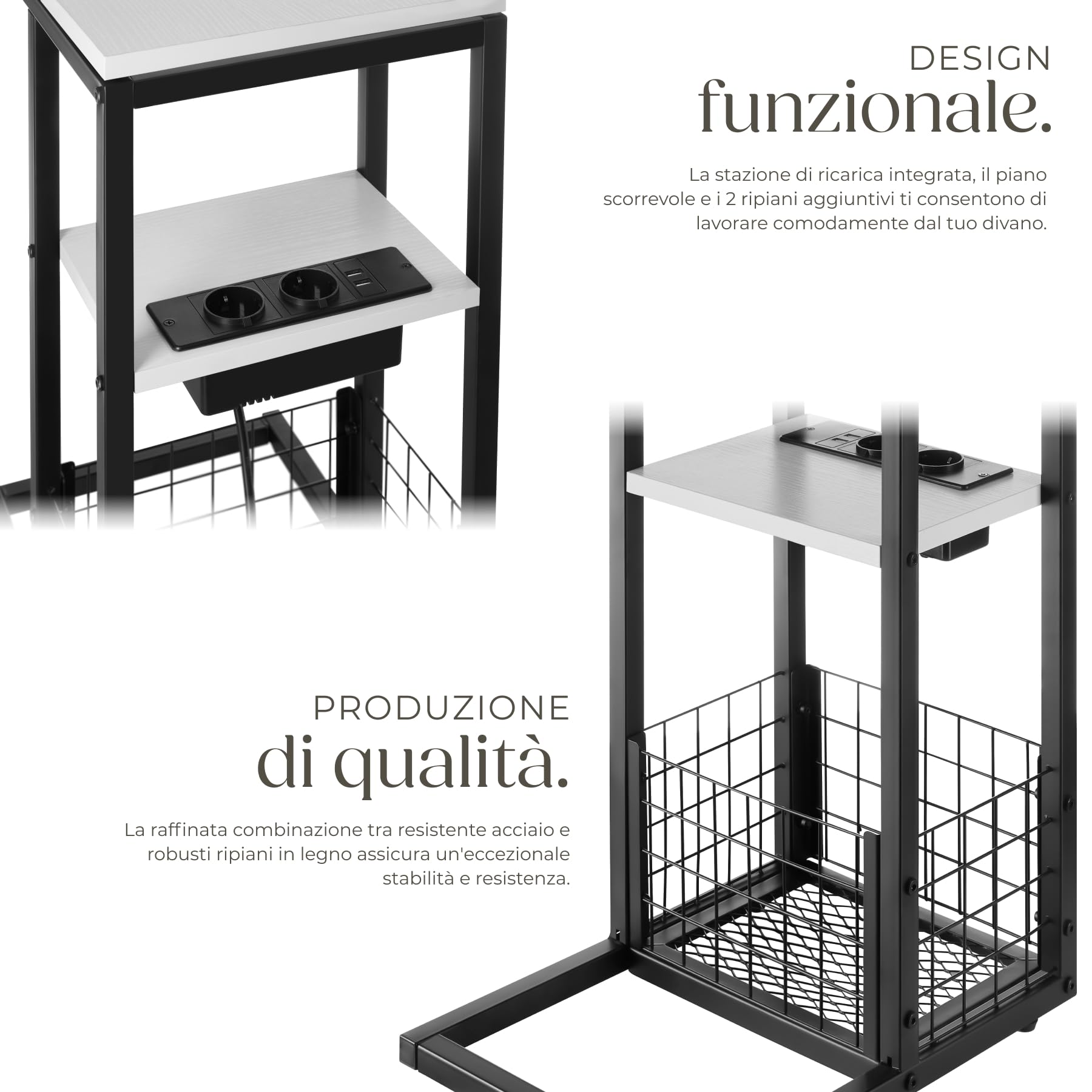 tectake® Tavolino Supporto PC Portatile con Forma a C, Tavolino da Letto con Stazione di Ricarica Integrata, Tavolino da Divano con Piano Scorrevole, Tavolo con Vassoio Portaoggetti - Bianco