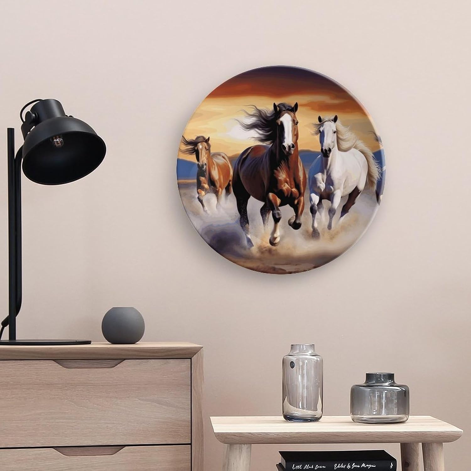 Running Horses Round Art Ceramic Plates Modern Art Bone China Dinner Plates with Display Stand & Wall Hook for Wall Hanging Decoration Home, Kitchen Or Table Decor