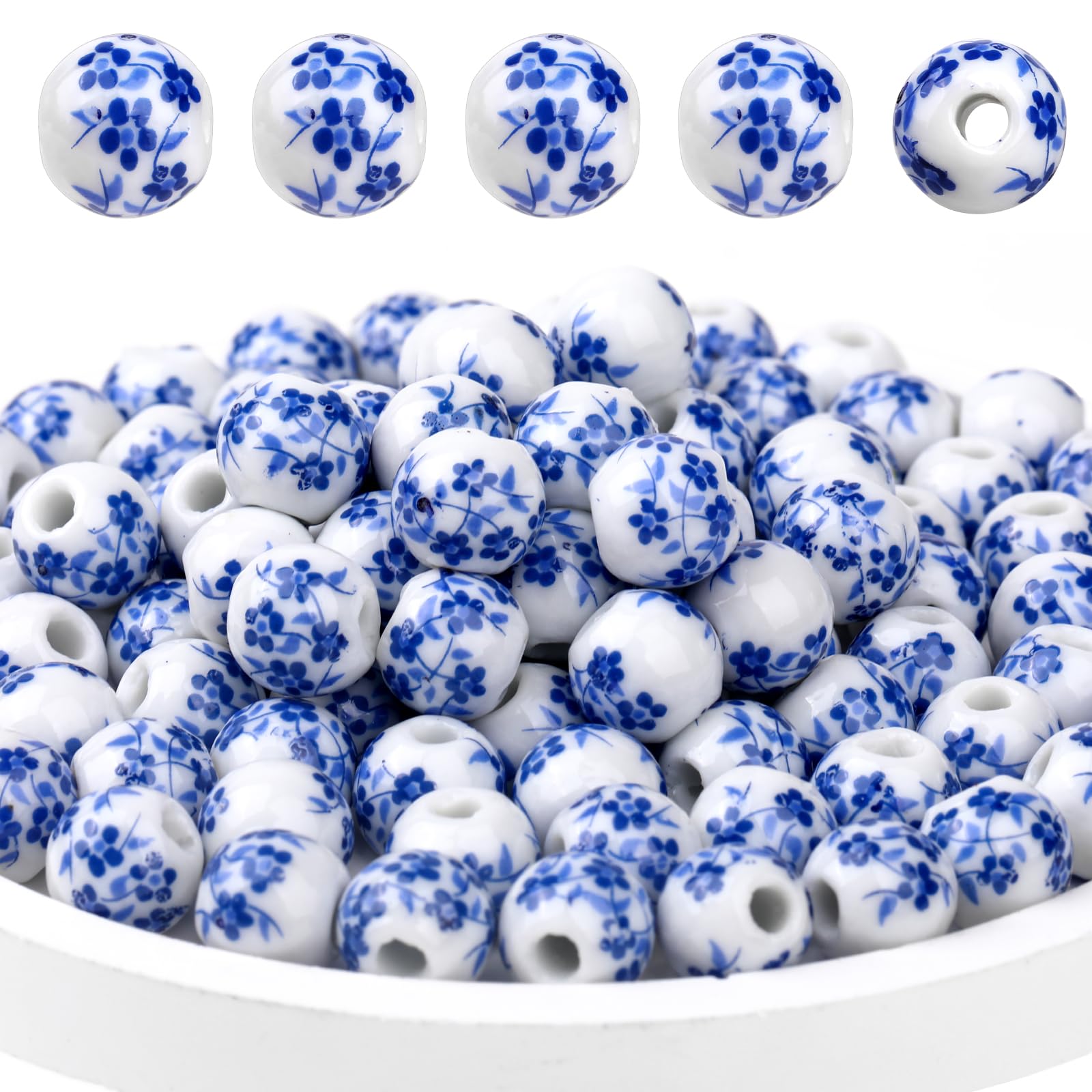 100 cuentas de cerámica redondas de porcelana de 8 mm con estampado de flores azules, hechas a mano, kit de abalorios artesanales de porcelana para hacer joyas, manualidades, pulseras y collares.