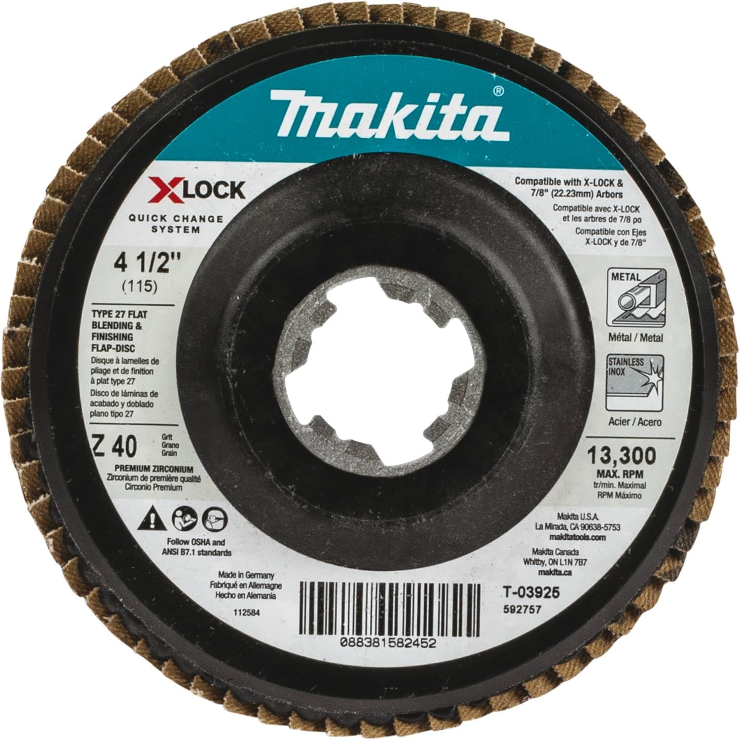 Makita T-03925 X-Lock 4‑1/2" 40 Grit Type 27 Flat Blending and Finishing Flap Disc for X-Lock and All 7/8" Arbor Grinders