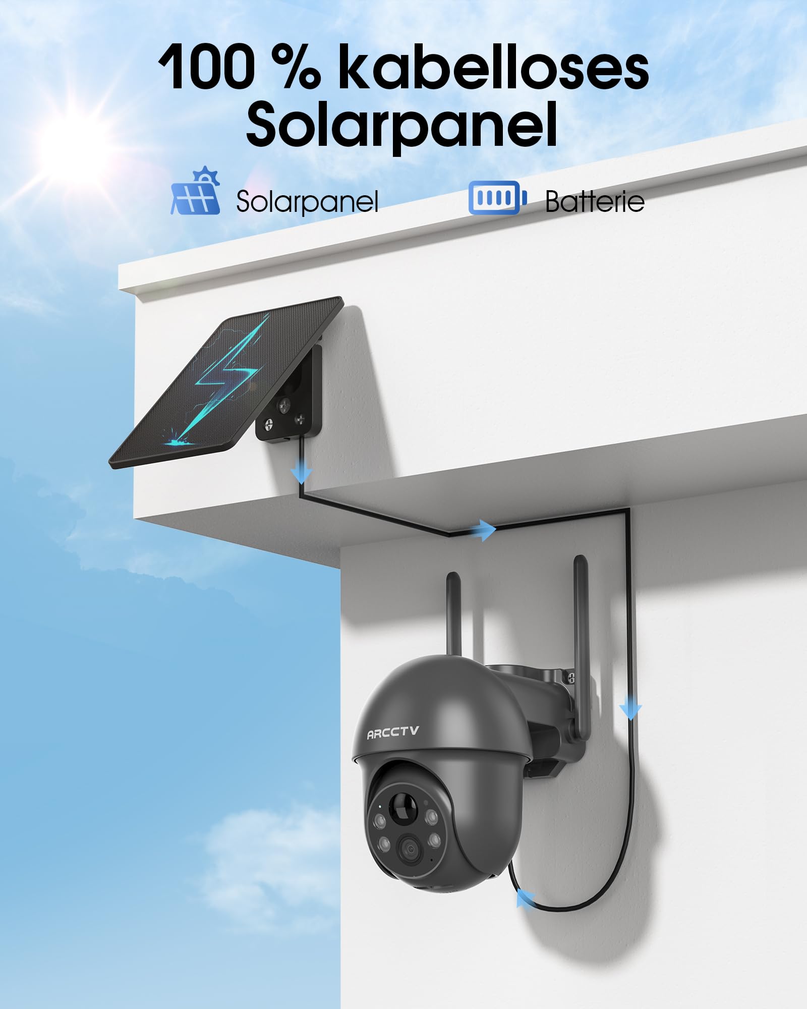 ARCCTV 2,4/5GHz-WLAN Solar Überwachungskamera Aussen 4MP, Grau | Dualband-WLAN, Alarm Bei Personenerkennung, 360°PTZ, Nachtsicht in Vollfarbe, Zwei-Wege-Audio, Wasserdicht, 2PCS