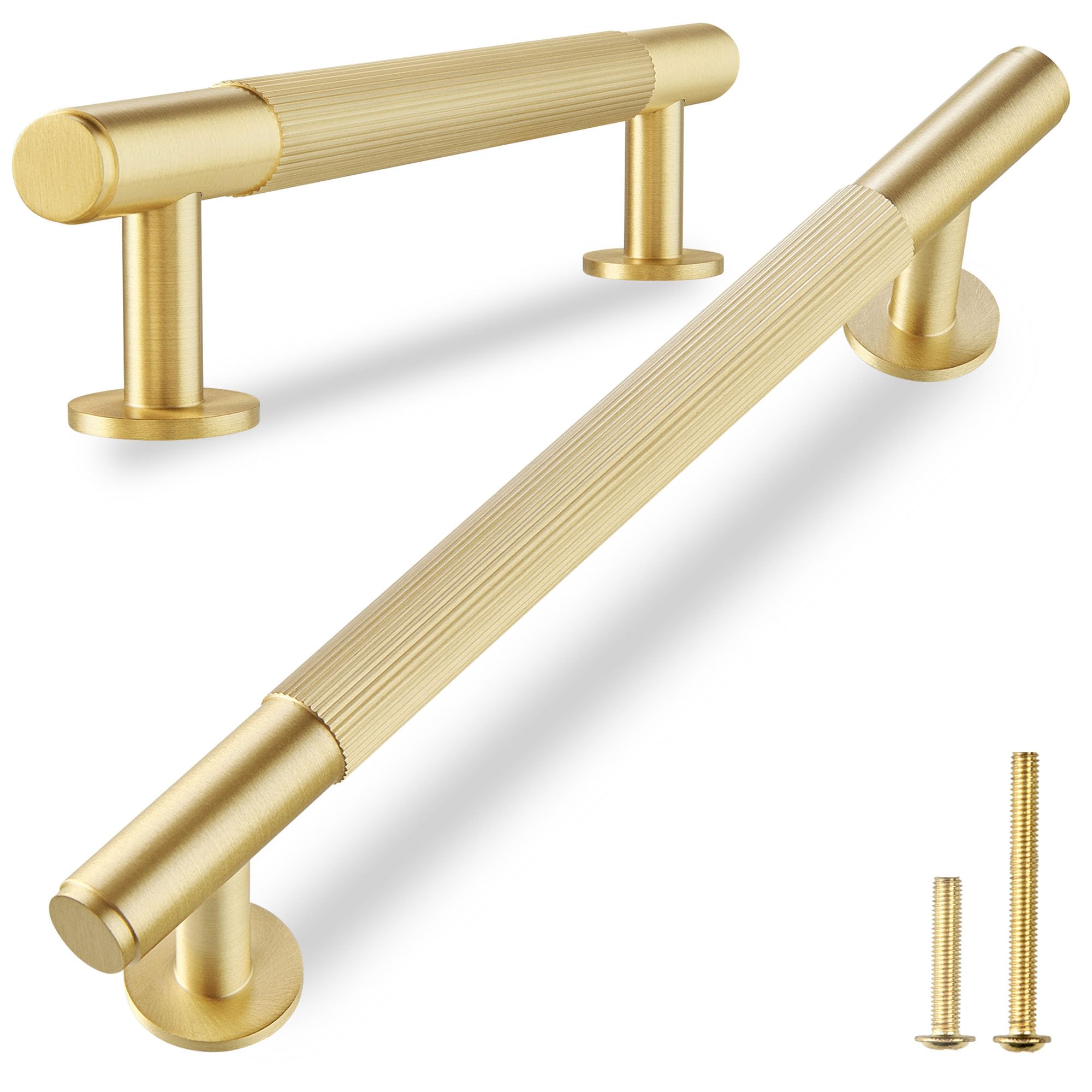 QOGRISUN 2-Pack Solid Brass Cabinet Pulls, Grooved Gold Bar Handles, 3-3/4-Inch Hole Center for Kitchen Drawer Dresser Cupboard, 5.2-Inch Total Length