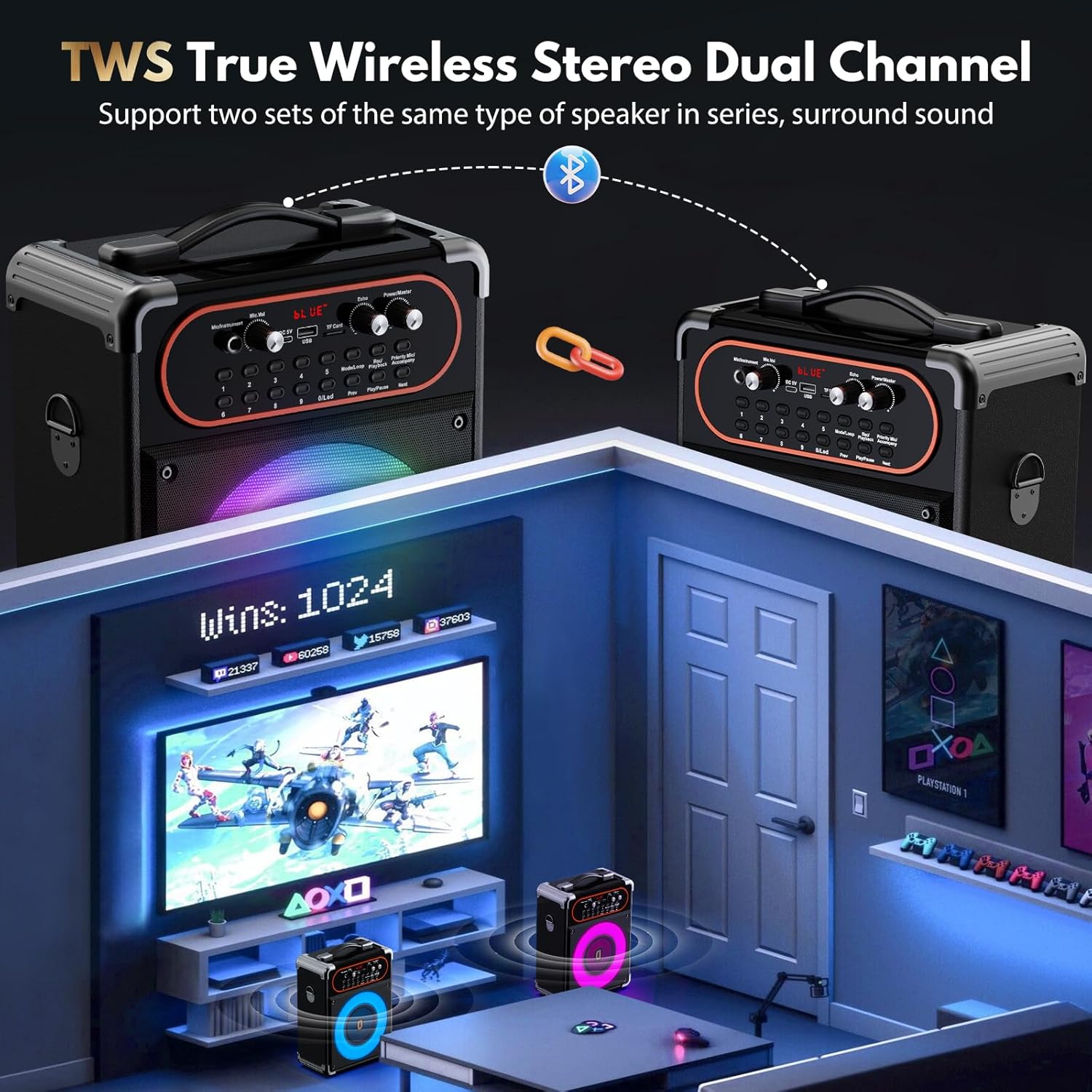 Karaoke Machine, Portable Bluetooth 5.3 Speaker with 2 Wireless Microphones for Adults, PA System with Echo Adjustment, Support TWS/TF Card/USB/AUX/TVs Connected for Home Party - Image 8