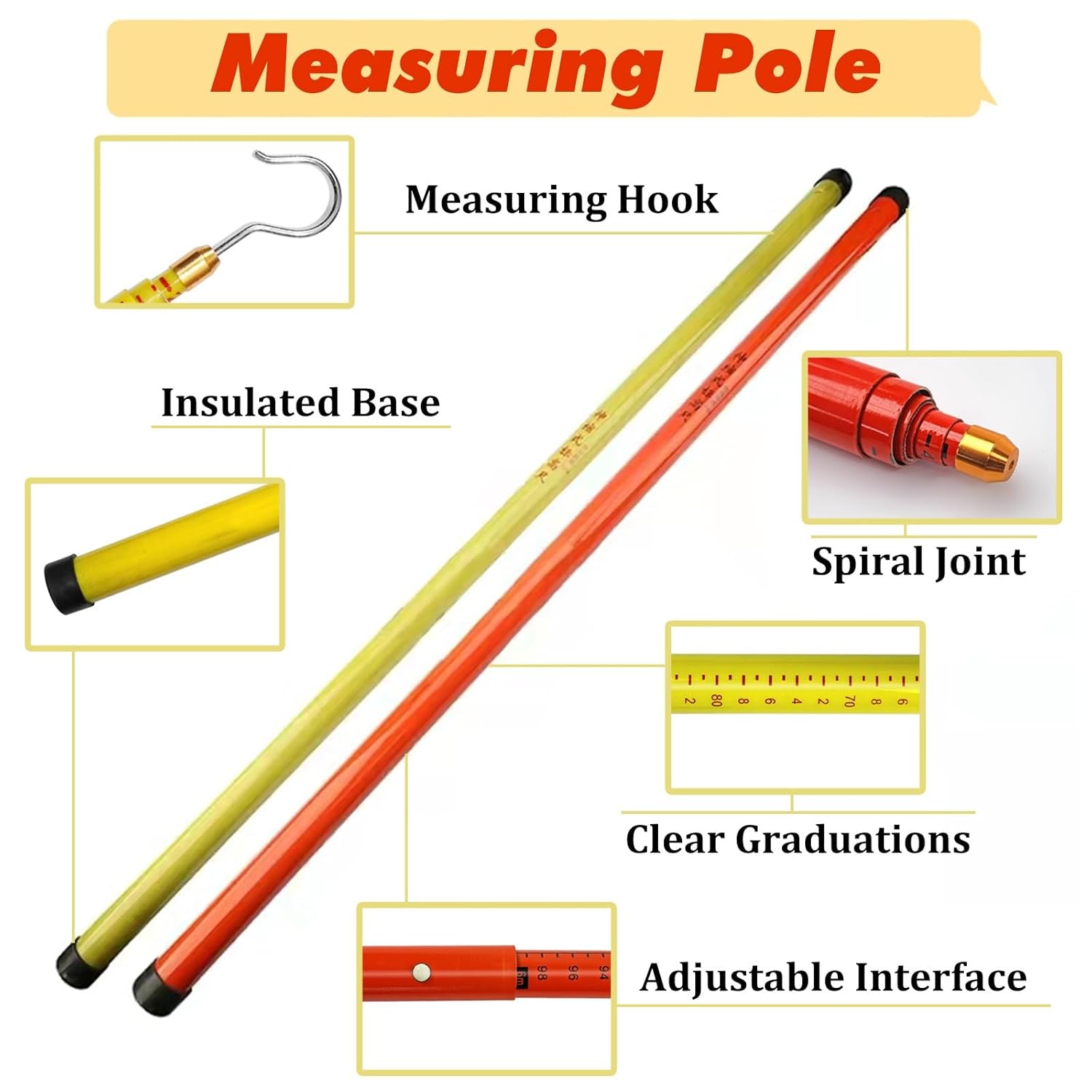 Telescopic Measuring Rod Stick, Lightweight Survey Pole with Carrying Bag, Insulated Height Stick for Lineman Live Power Line Work/Construction, 35kv-500kv Voltage(Orange,26.2ft/8m)