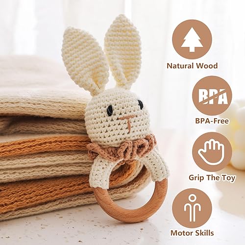 Miniatura 2 de Sonajero de madera para bebé,Sonajero de conejo de ganchillo con anillo de madera, Juguete de sonajero de animales de madera para recién