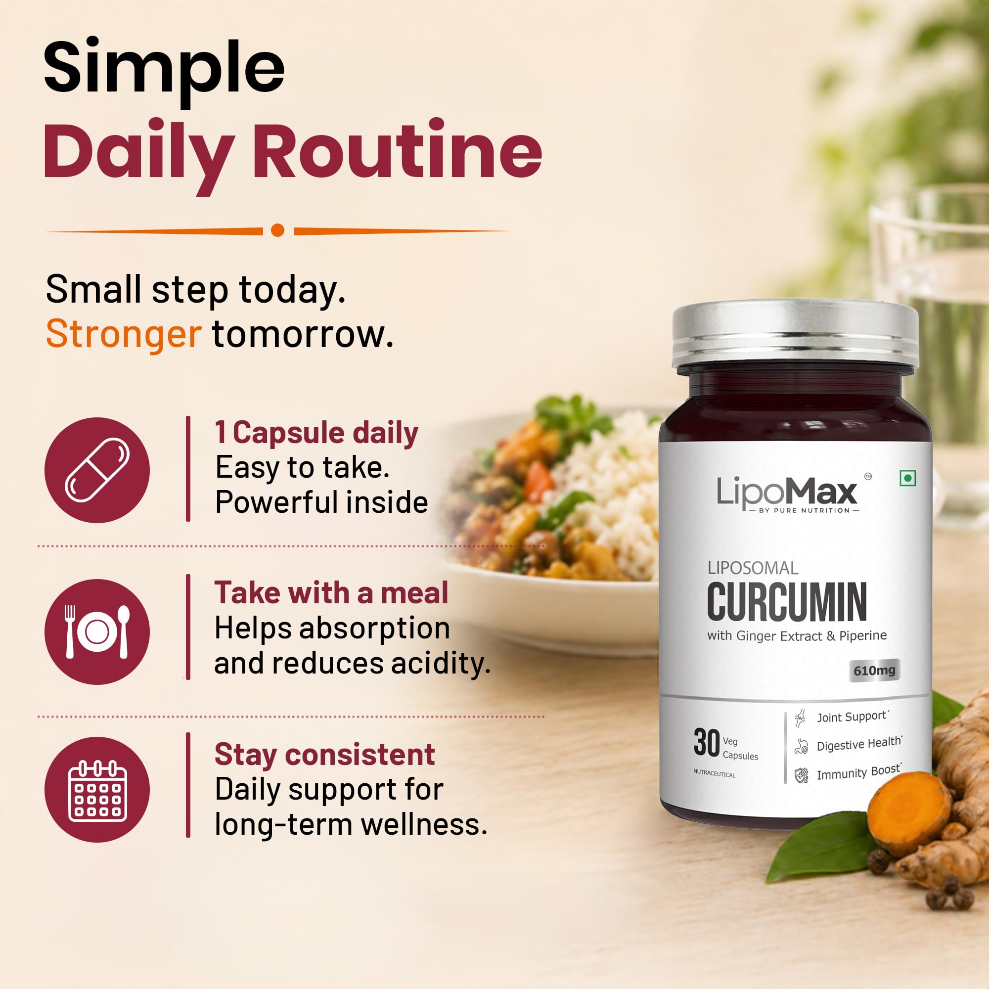 LipoMax Liposomal Curcumin Supplement 610mg | Turmeric Curcumin Capsules With Ginger Extract & Piperine For Joint Health, Antioxidant & Immunity Support - 30 Veg Capsules — Amazon image 6