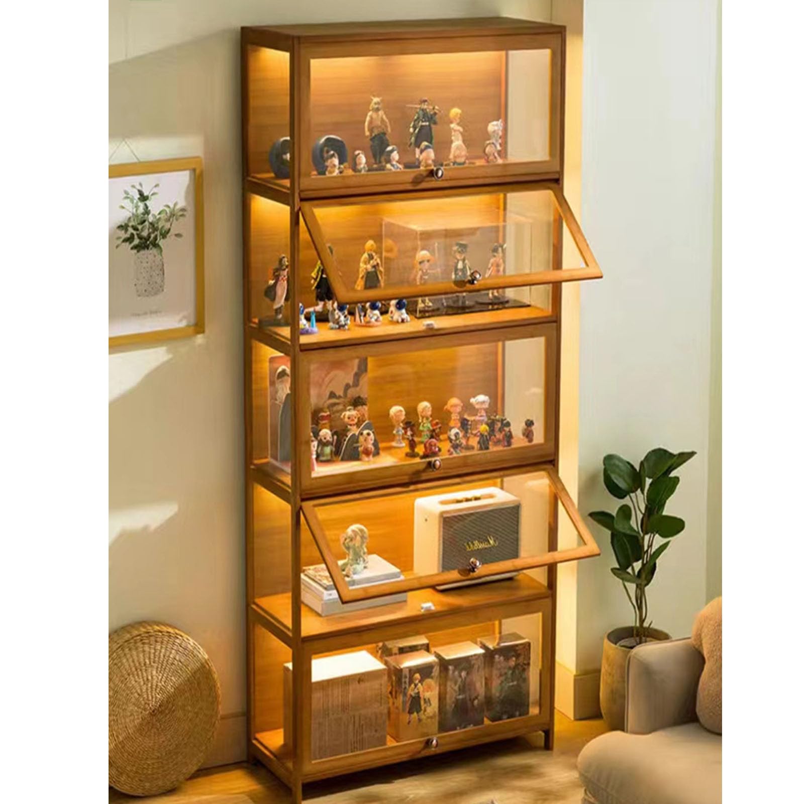 Sammlung Vitrine, natürlicher Bambus Rahmen, Acryl Sammlung Vitrine, staubdicht, passend für Haus und Büro Gebrauch (4-floors-80cm, Wood Color)