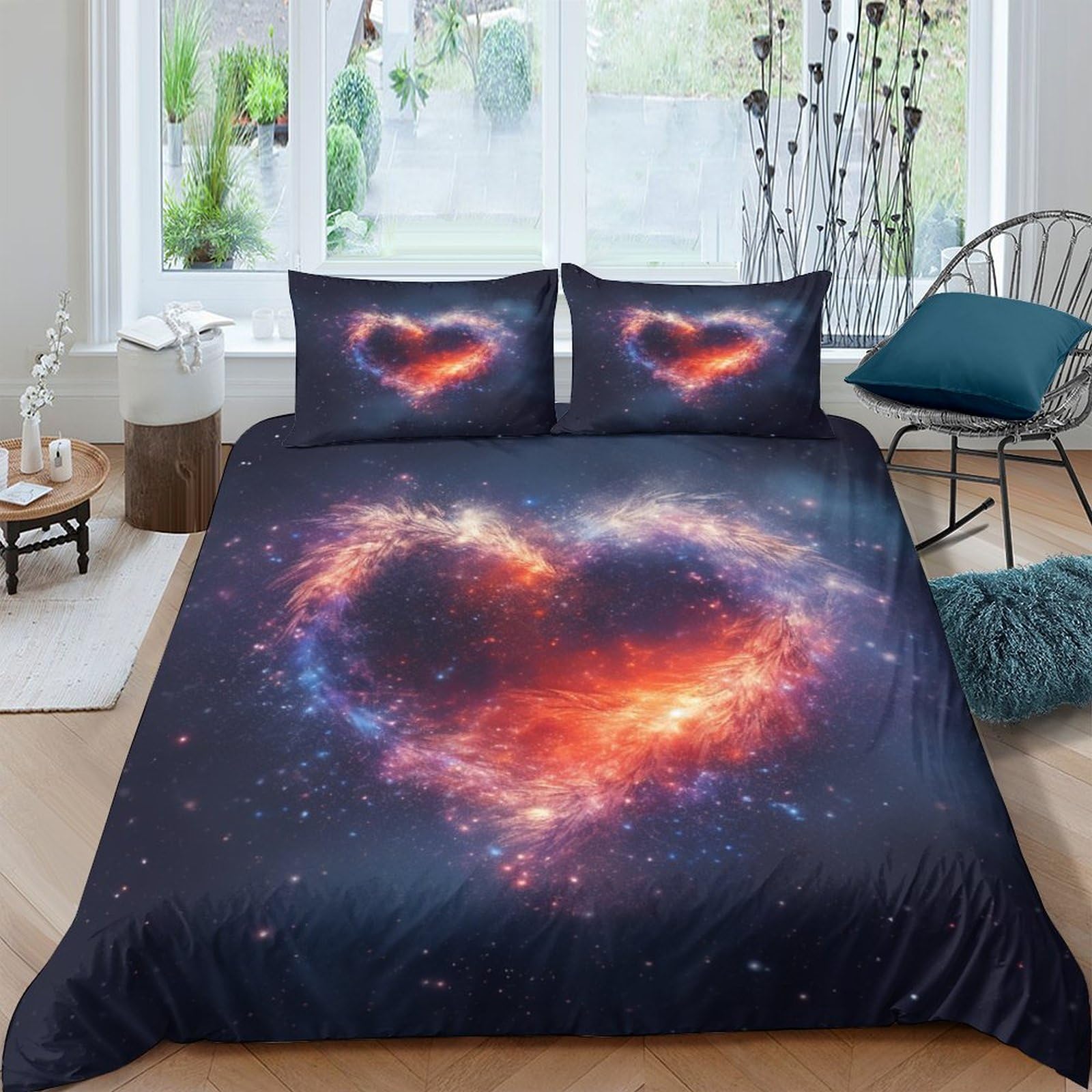 Parure de lit 3D cœur galaxie king size avec taie d'oreiller