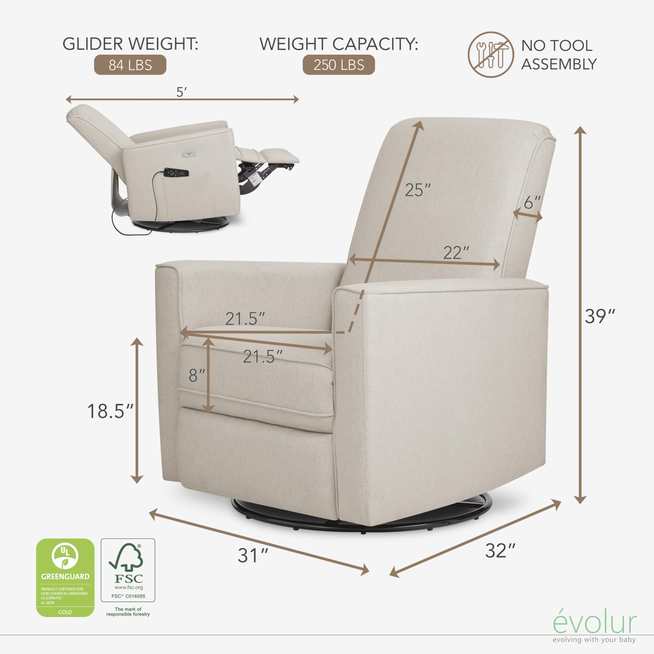 Evolur Harlow Deluxe Upholstered Plush Seating Glide Rocker, Swivel, Power Recliner USB Port with in-Built Massager, Greenguard Gold Certified, Glider Chair for Nursery in Light Sand